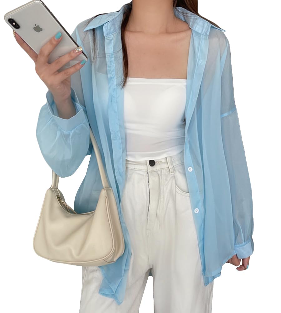 【送料無料】 シアーシャツ シャツ レディース トップス 透け感 羽織 ゆったり 日焼け対策 冷房対策 夏物 韓国ファッション 春 夏 色：ブルー、サイズ：Free Size