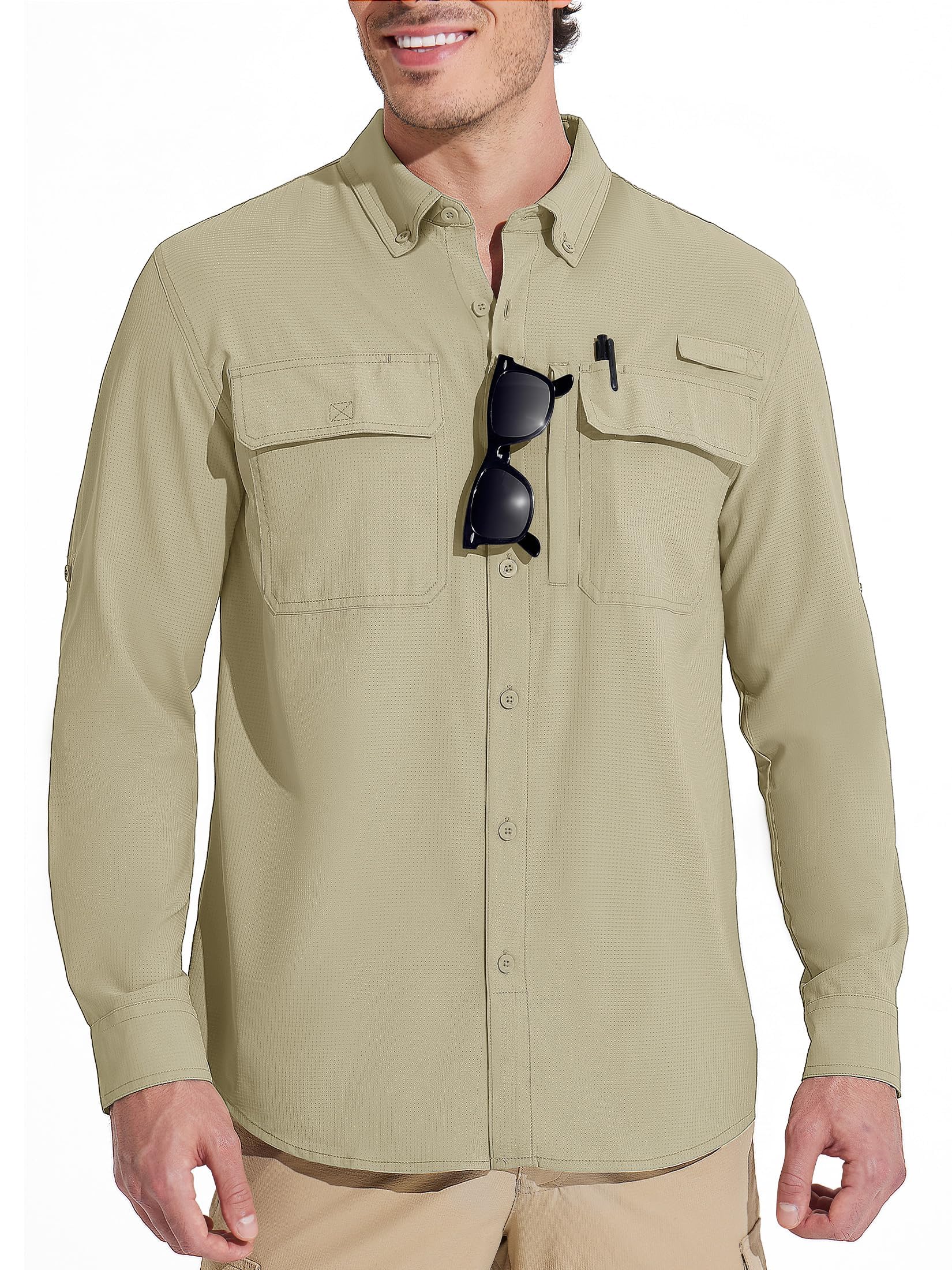 【送料無料】 ミリタリーシャツ メンズ 長袖 登山シャツ UVカット フィッシングシャツ 吸汗速乾 作業着 薄手 釣りシャツ 撥水 通気 アウトドア カジュアル 春秋 色：ライトカーキ、サイズ：XL