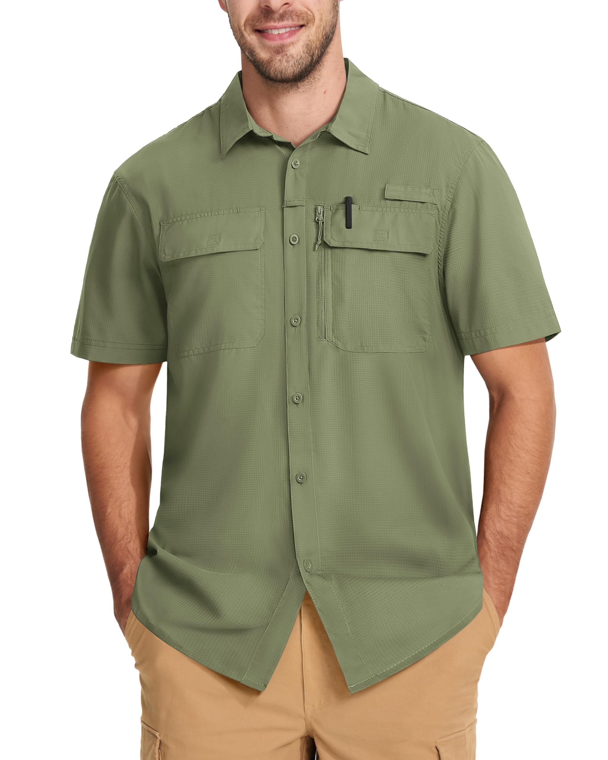 【送料無料】 ミリタリーシャツ 半袖 メンズ 釣りウェア UVカット タクティカルシャツ 登山 撥水 通気 メッシュ生地 作業着 夏用 涼しい 色：ライトグリーン、サイズ：XL