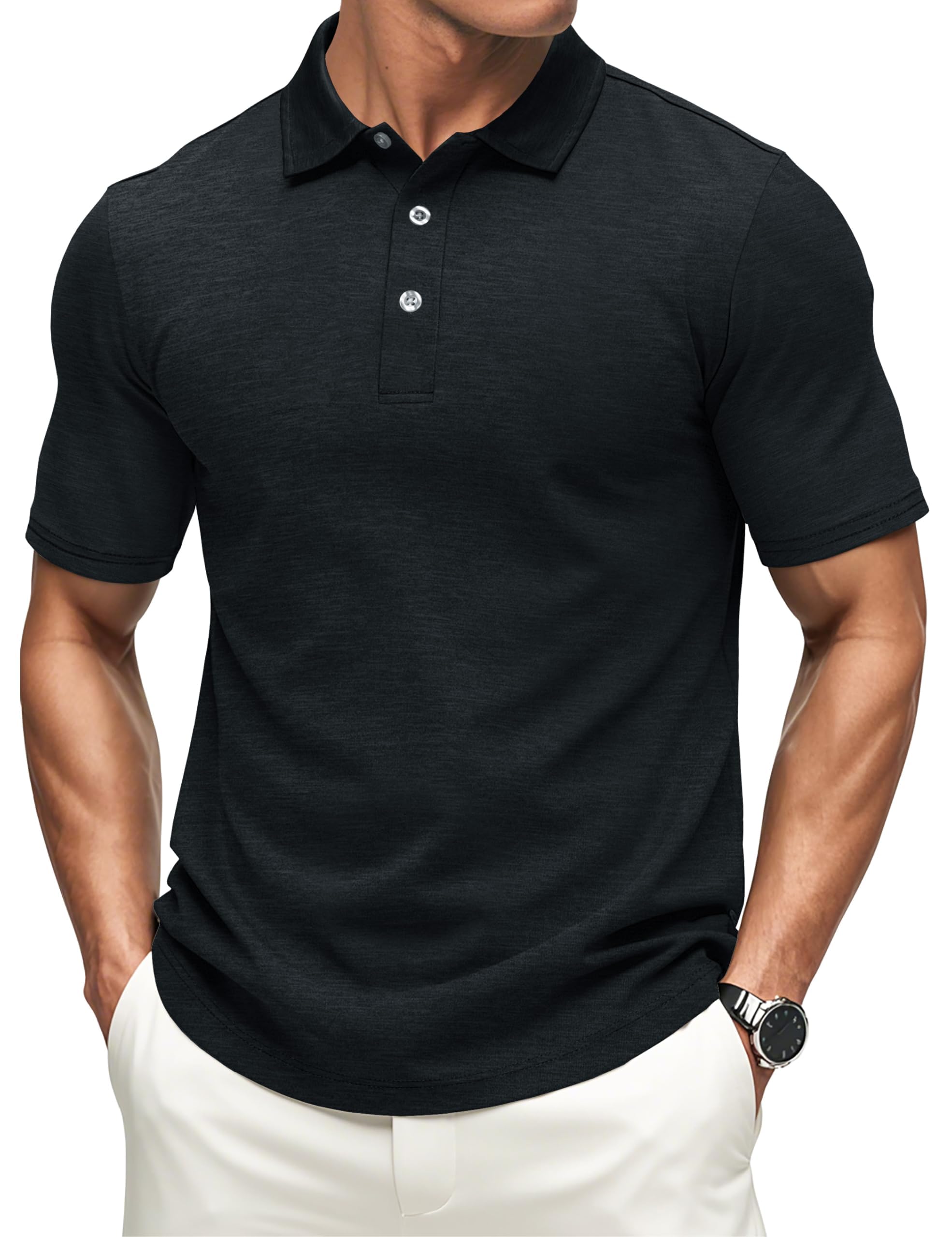 【送料無料】 ポロシャツ 半袖 メンズ ボタンダウン 吸汗 速乾 ドライtシャツ かっこいい トップス ストレッチ トレーニング スポーツ ゴルフ ウェア 涼しい 夏 色：ブラック、サイズ：3XL
