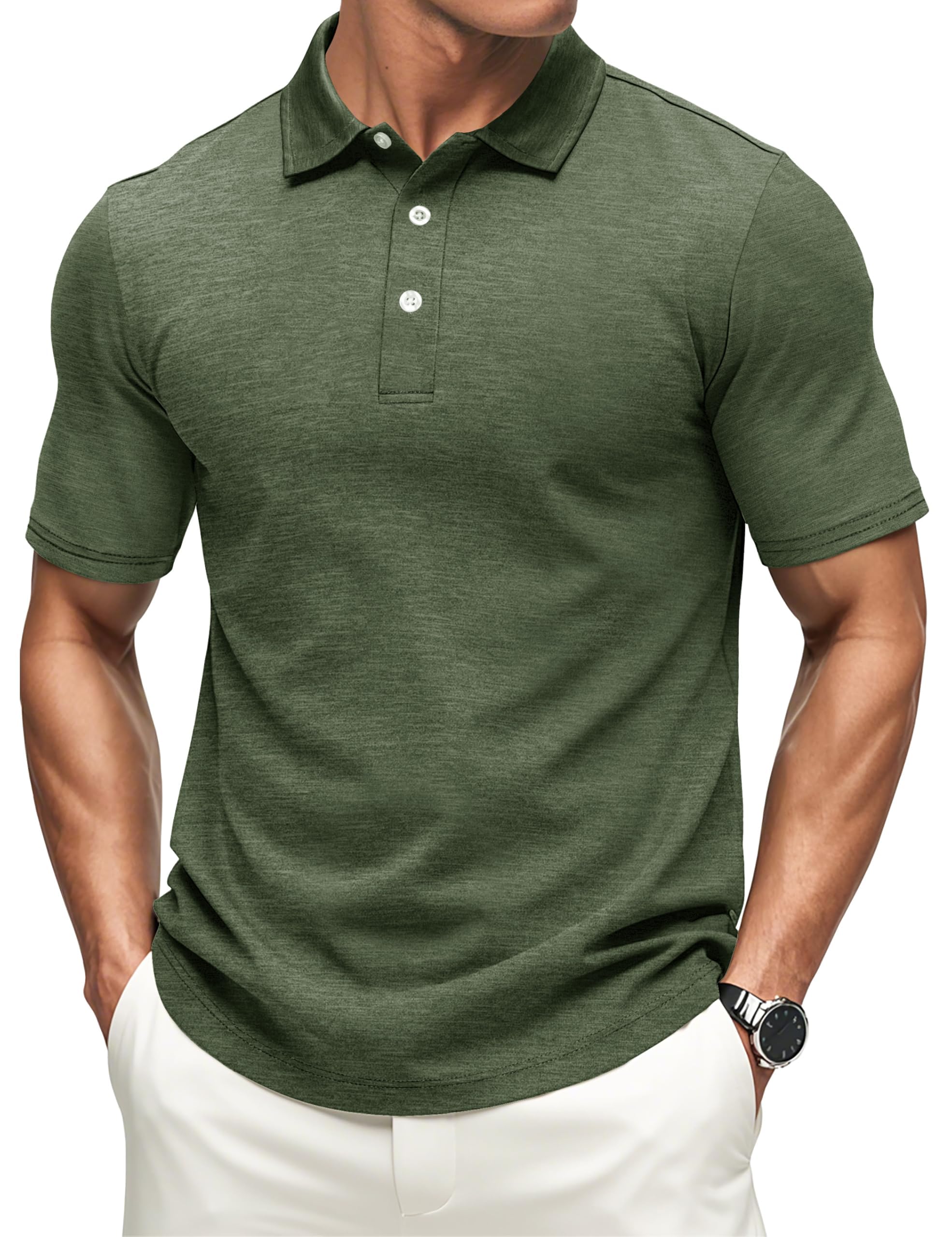 【送料無料】 ポロシャツ 半袖 メンズ ボタンダウン 吸汗 速乾 ドライtシャツ かっこいい トップス ストレッチ トレーニング スポーツ ゴルフ ウェア 涼しい 夏 色：アーミーグリーン、サイズ：M