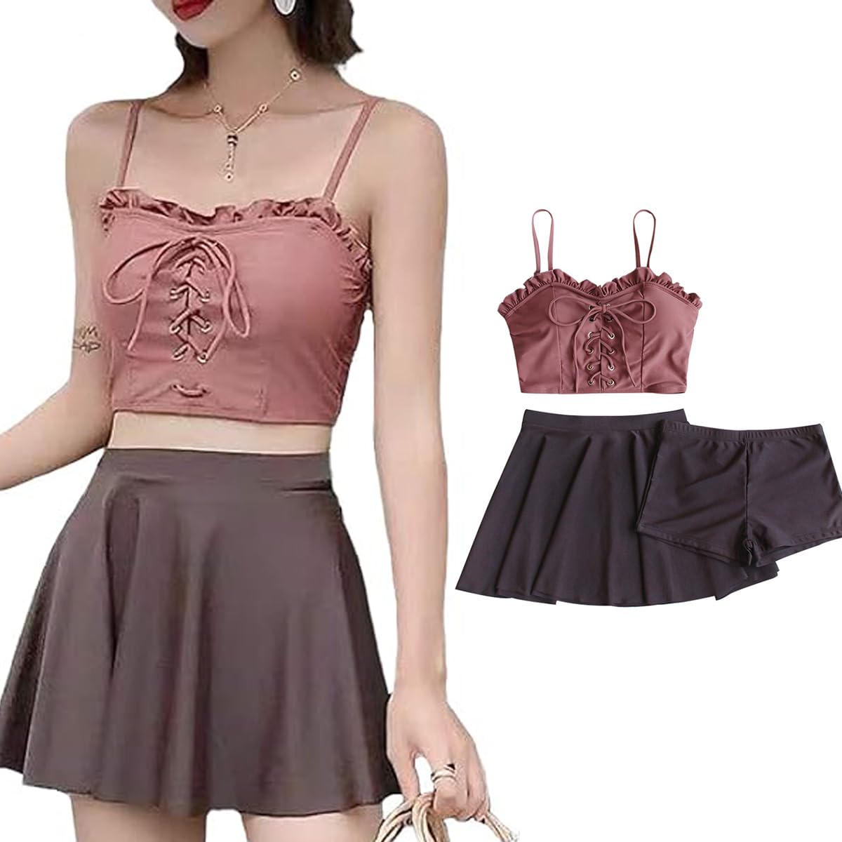 【送料無料】 水着 レディース ビキニ タンキニ セパレーツ 体型カバー ビスチェ風 ハイネック スカー..