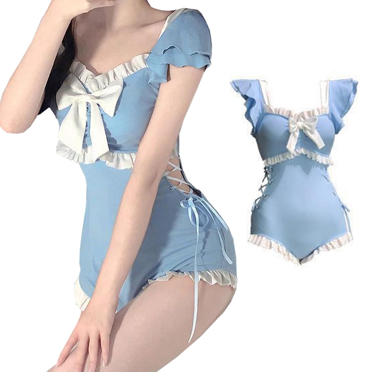 【送料無料】 レディース 水着 ビスチェビキニ フリル タンキニ セット ハイウエスト 伸縮性 可愛い 体型カバー水着 パッド一体型 ノンワイヤー ビキニ ショートパンツ 上下セット ビーチ 海水浴 温泉水着 旅行 色：ブルー、サイズ：M Slim
