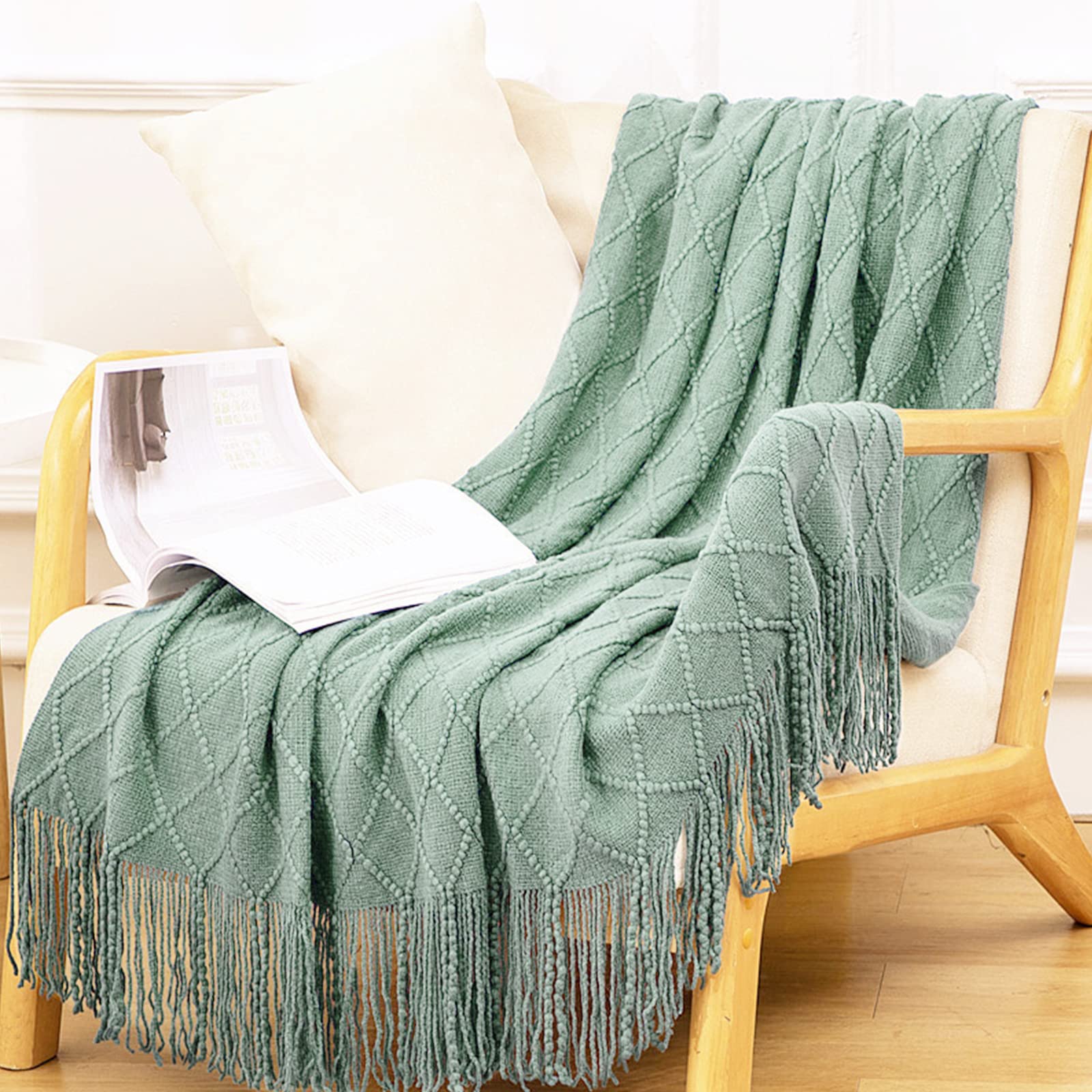【送料無料】LumiSyne ニット ブランケット フリンジ付き 北欧風 ソリッドカラー マルチカバー おしゃれ ソファカバー カウチ ベッドカバー テーブルクロス毛布 大きい 色：ピーグリーン、サイズ：Large
