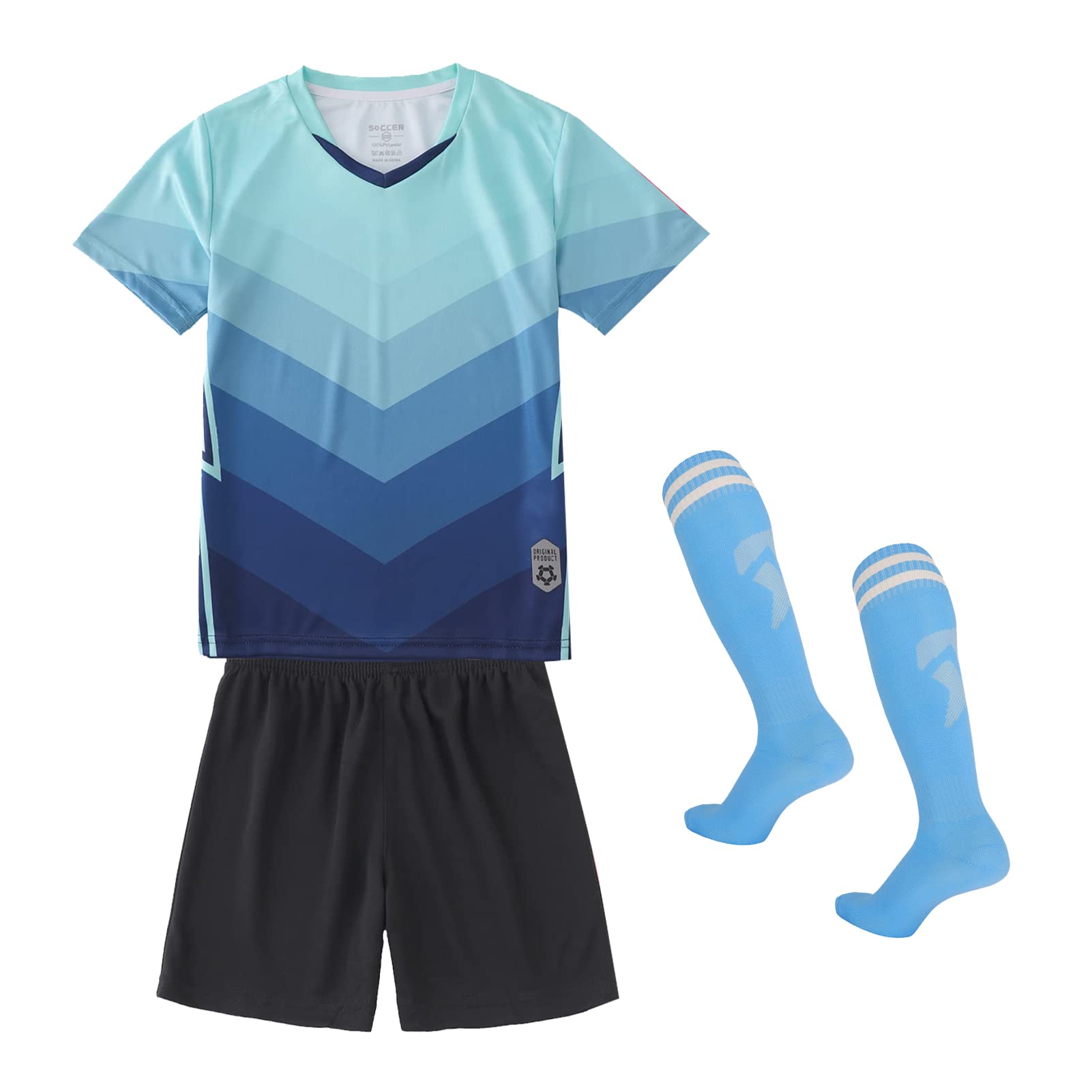 【送料無料】 キッズ サッカーウェア ジャージ 3点セット ソックス付き 子供 プリント 男の子 トレーニング 上下セット 靴下 半袖 ショーツ パンツ 通気 速乾 英字 色：ブルー4、サイズ：160