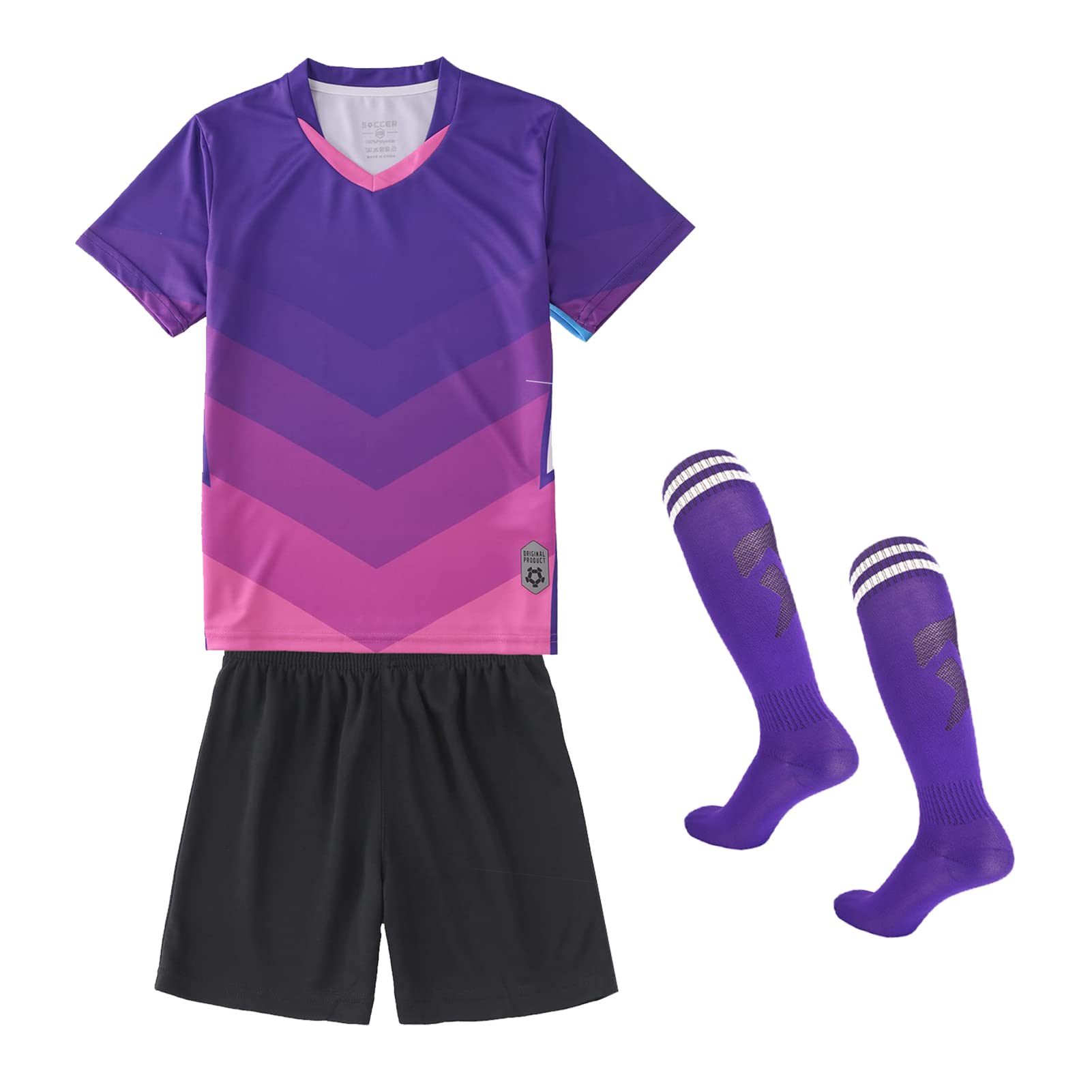 【送料無料】 キッズ サッカーウェア ジャージ 3点セット ソックス付き 子供 プリント 男の子 トレーニング 上下セット 靴下 半袖 ショーツ パンツ 通気 速乾 英字 色：パープル、サイズ：150