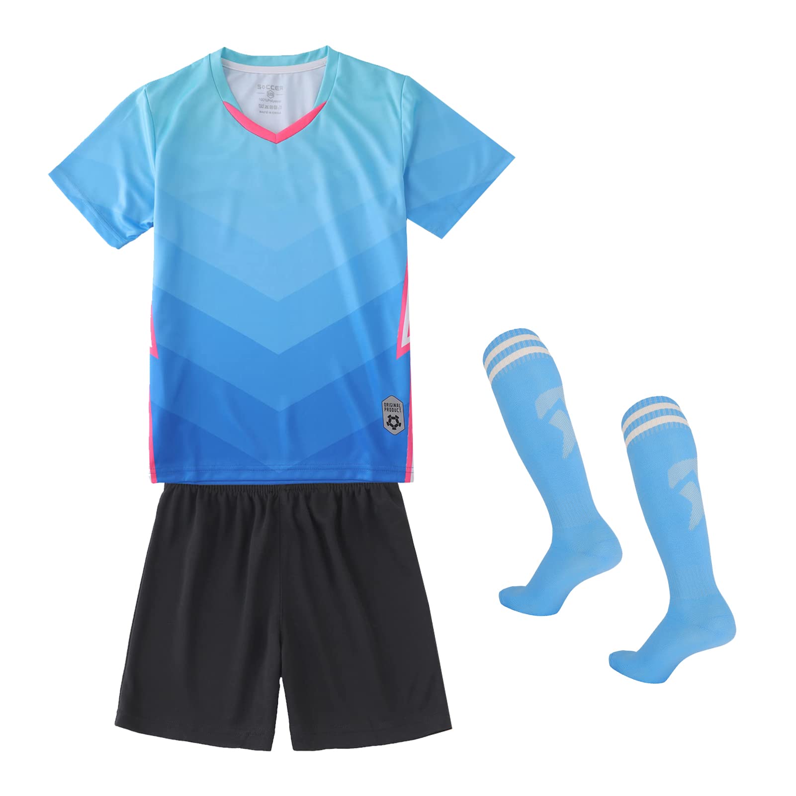 【送料無料】 キッズ サッカーウェア ジャージ 3点セット ソックス付き 子供 プリント 男の子 トレーニング 上下セット 靴下 半袖 ショーツ パンツ 通気 速乾 英字 色：ブルー3、サイズ：160