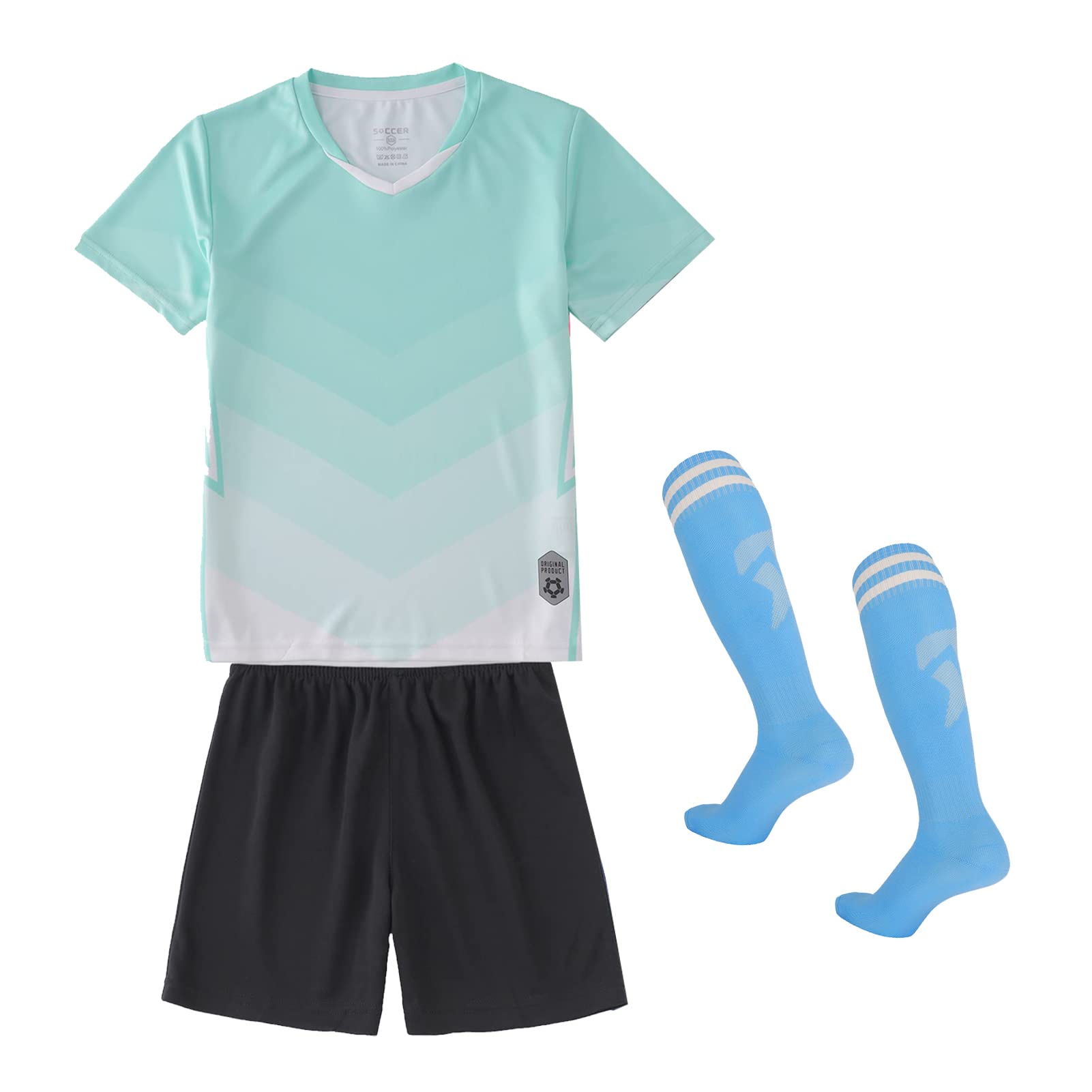 【送料無料】 キッズ サッカーウェア ジャージ 3点セット ソックス付き 子供 プリント 男の子 トレーニング 上下セット 靴下 半袖 ショーツ パンツ 通気 速乾 英字 色：グリーン2、サイズ：150