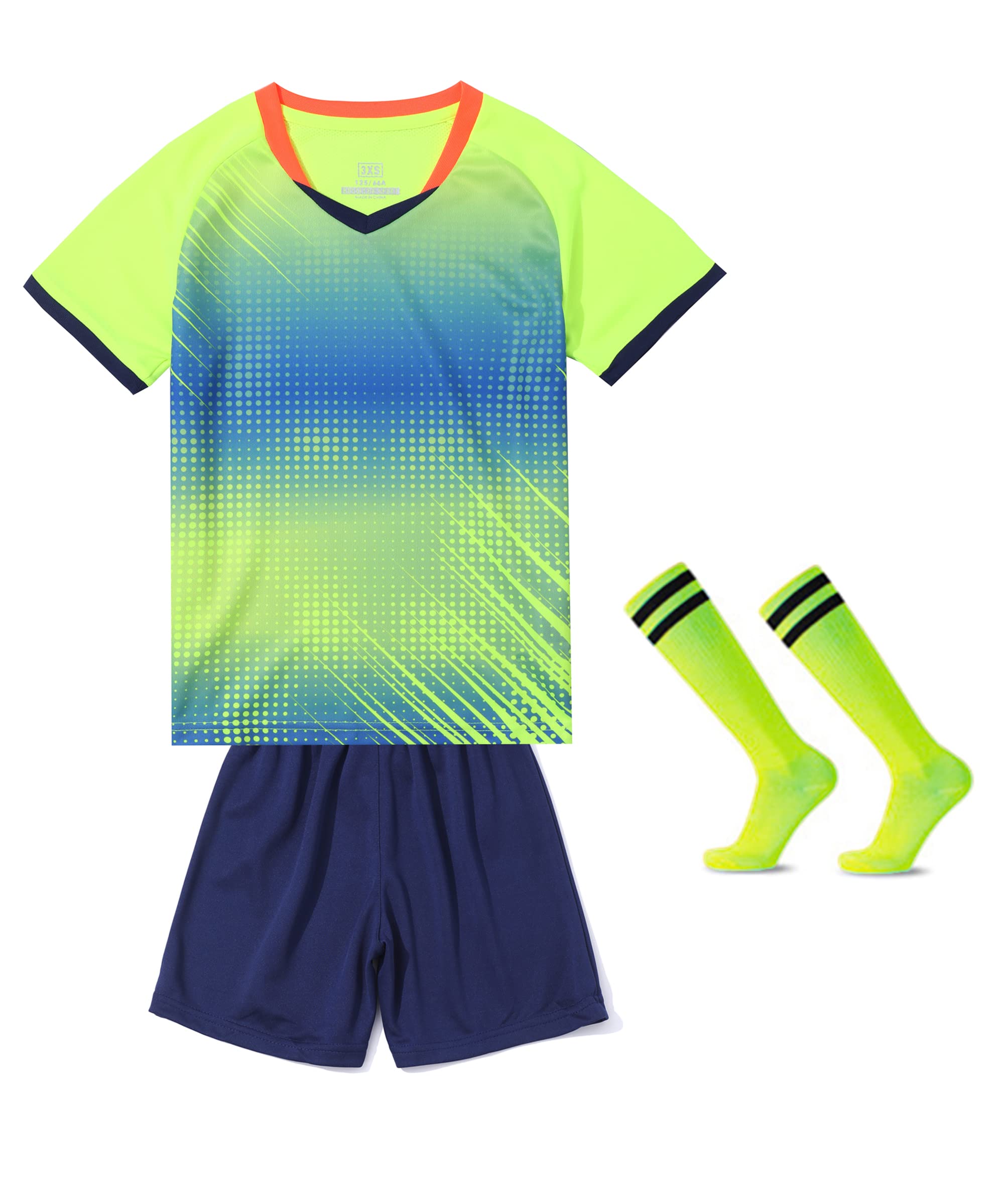 【送料無料】 キッズ サッカーウェア ジャージ 3点セット ソックス付き 子供 プリント 男の子 トレーニング 上下セット 靴下 半袖 ショーツ パンツ 通気 速乾 英字 色：グリーン、サイズ：150