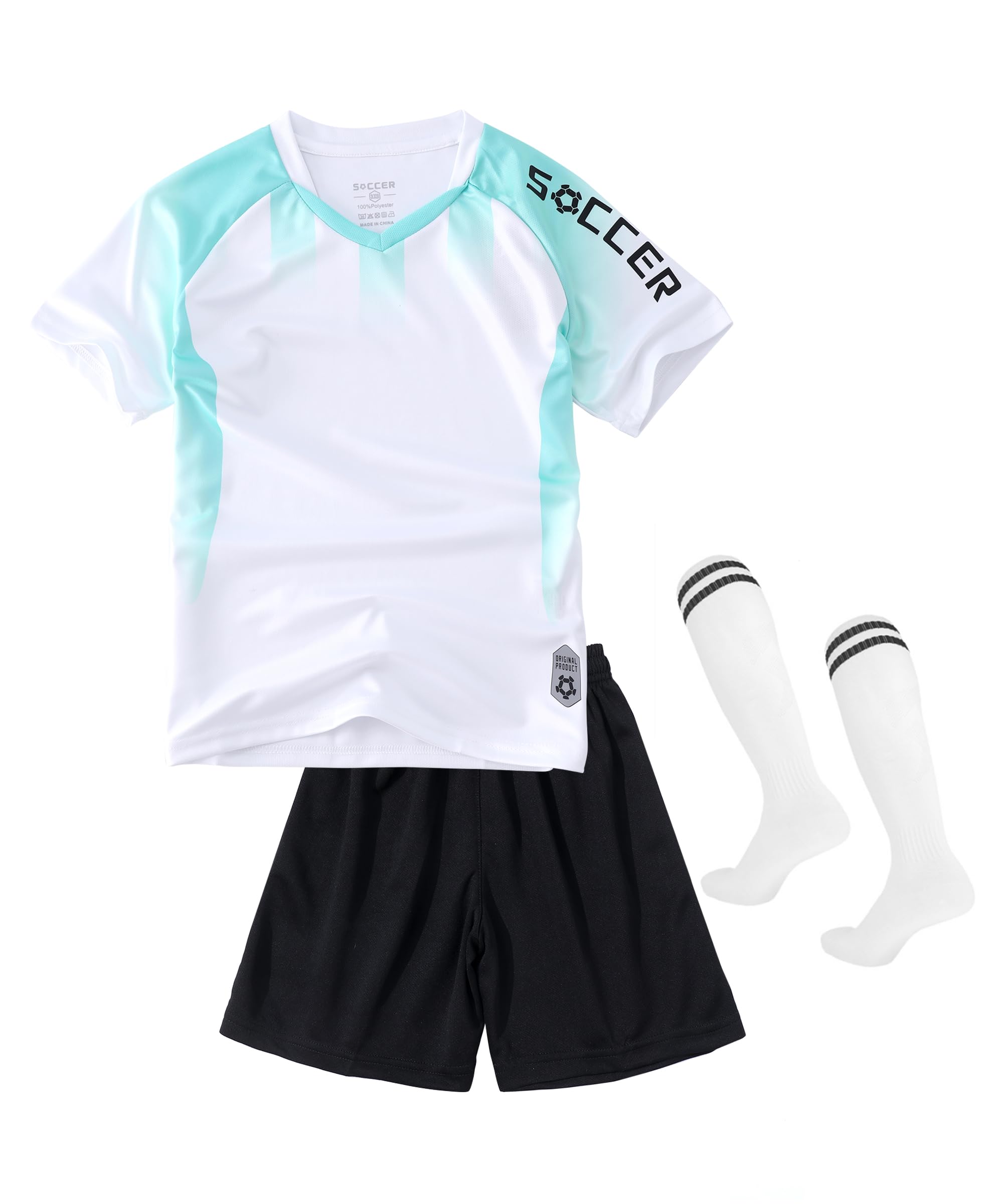 【送料無料】 キッズ サッカーウェア ジャージ 3点セット ソックス付き 子供 プリント 男の子 トレーニング 上下セット 靴下 半袖 ショーツ パンツ 通気 速乾 英字 色：ホワイト、サイズ：160