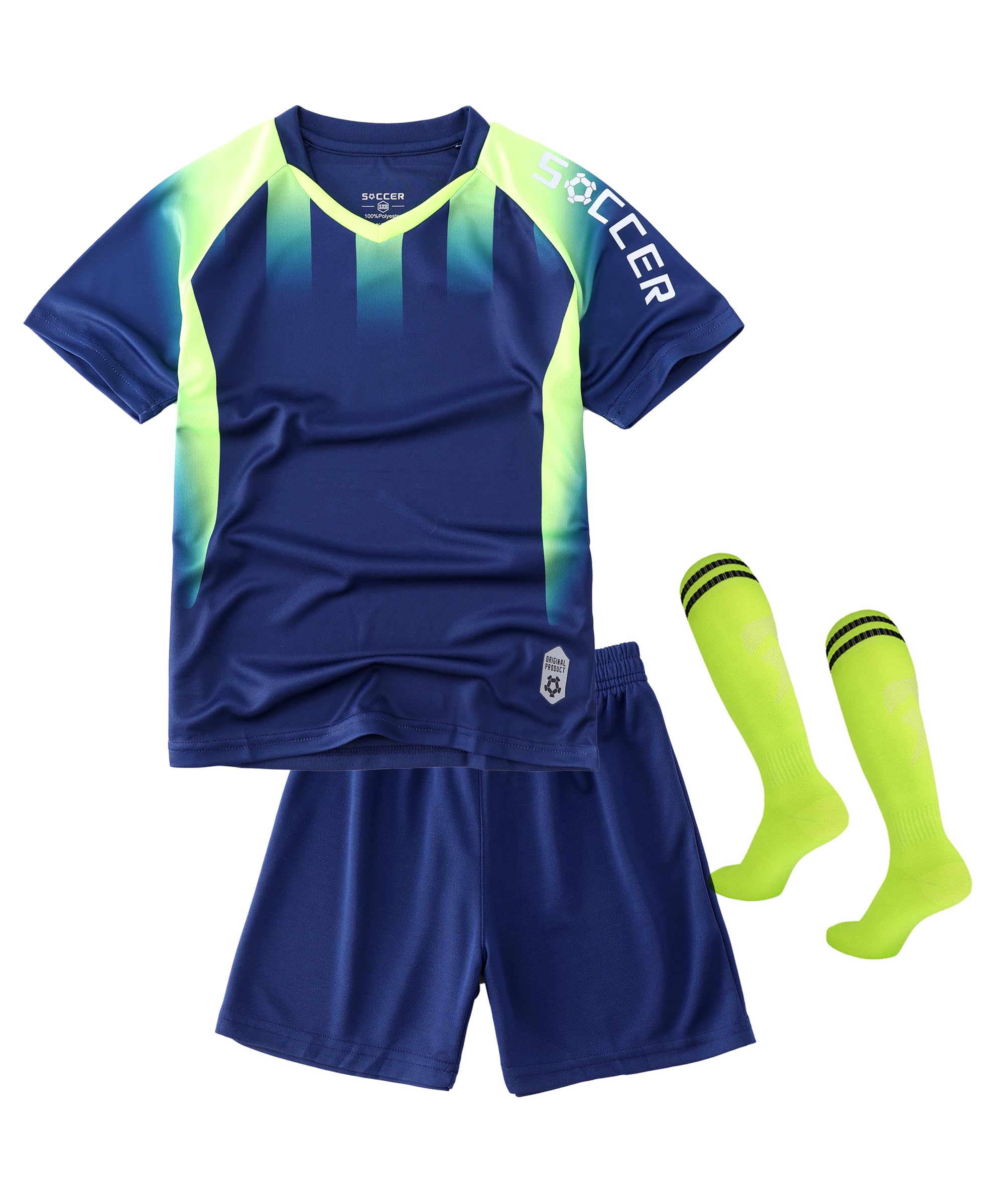 【送料無料】 キッズ サッカーウェア ジャージ 3点セット ソックス付き 子供 プリント 男の子 トレーニング 上下セット 靴下 半袖 ショーツ パンツ 通気 速乾 英字 色：ブルー2、サイズ：150