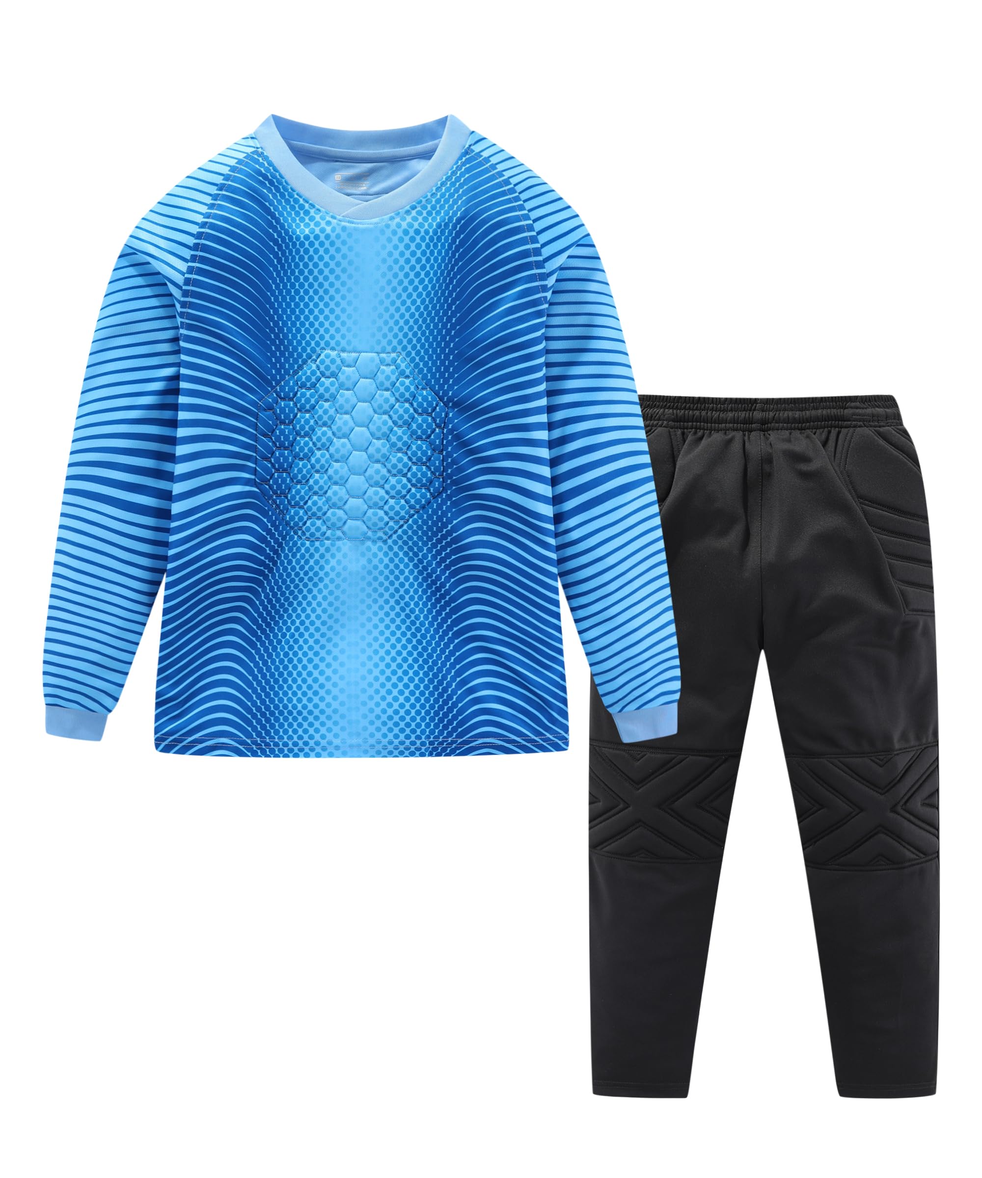 【送料無料】 キッズ キーパーウェア ゴールキーパー サッカーウェア サッカーゴールキーパージャージ 上下セット ゴールキーパー練習着 インナー コンプレッションウェア トレーニング 衝撃防護用 長袖 ボディープロテクター パンツ ジ 色：ブルー/ネイビー、サイズ：130