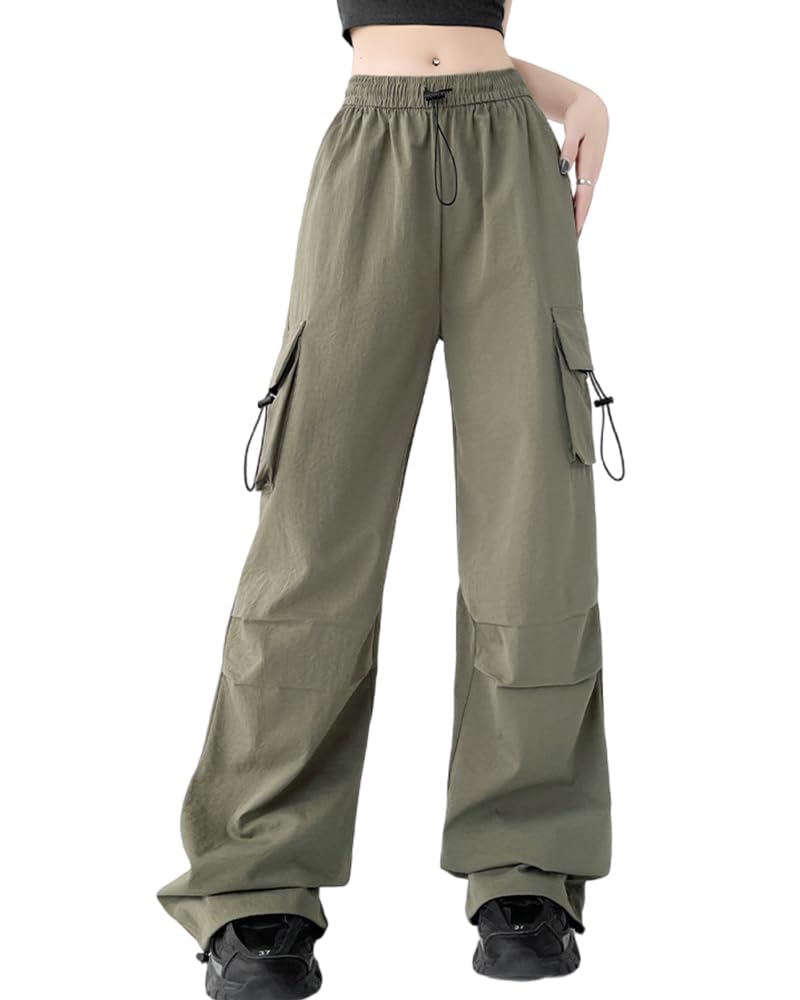 【送料無料】 カーゴパンツ レディース ロングパンツ ウエストゴム 調整紐 リラックスパンツ スウェットパンツ ゆったり カジュアル ルーズ 春 夏 秋 無地 色：グリーン、サイズ：M(4)