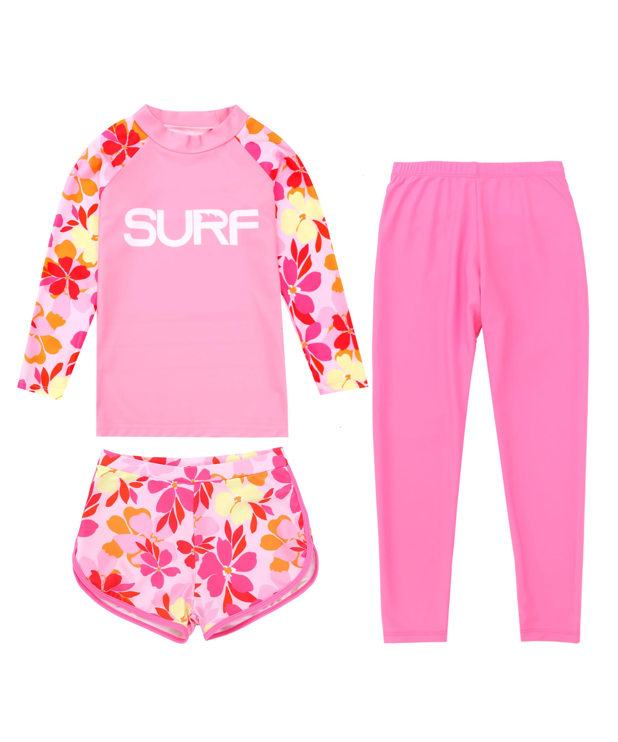 【送料無料】 キッズ 水着 上下3点セット 長袖ラッシュガード +レギンス＋ショートパンツ 女の子 男の子 セパレート ウェットスーツ 子供スイムウェア UPF50+ 速乾 色：ピンク、サイズ：110