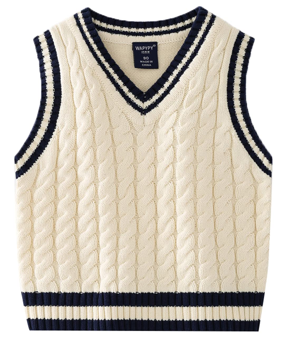 【送料無料】 ベスト ニット キッズ 男の子 Vネック 袖なし セーター ベビー 子供服 ケーブル編み 配色 スクール フォーマル 通園通学 春秋 ボーイズ トップス 色：オフホワイト、サイズ：130