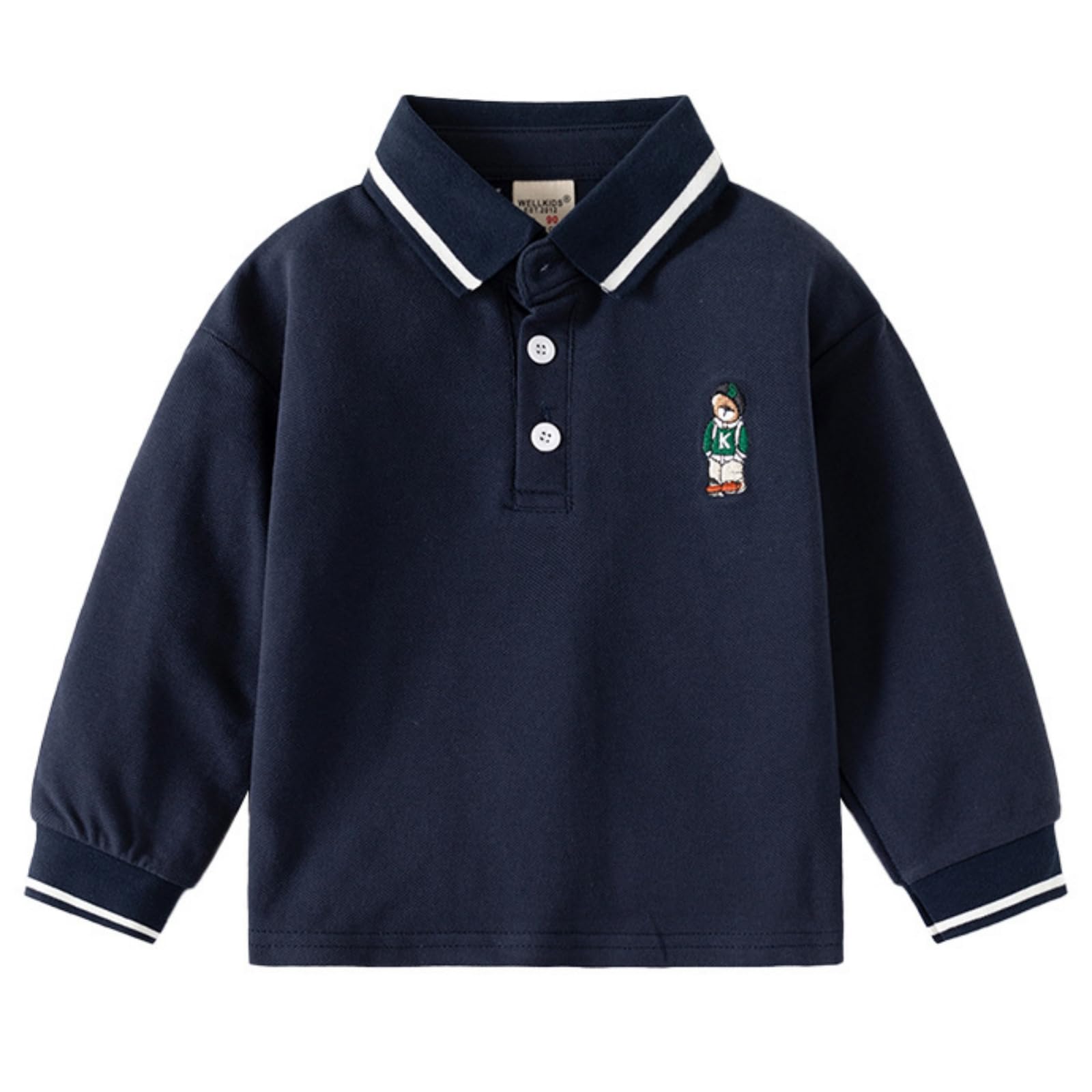【送料無料】 ポロシャツ キッズ 男の子 長袖 襟付き シャツ 子供 ボーイズ Tシャツ スクール トップス ライン 可愛いクマちゃん 春夏秋 ベビー 通園通学 子供服 フォーマル 色：ネイビー、サイズ：130