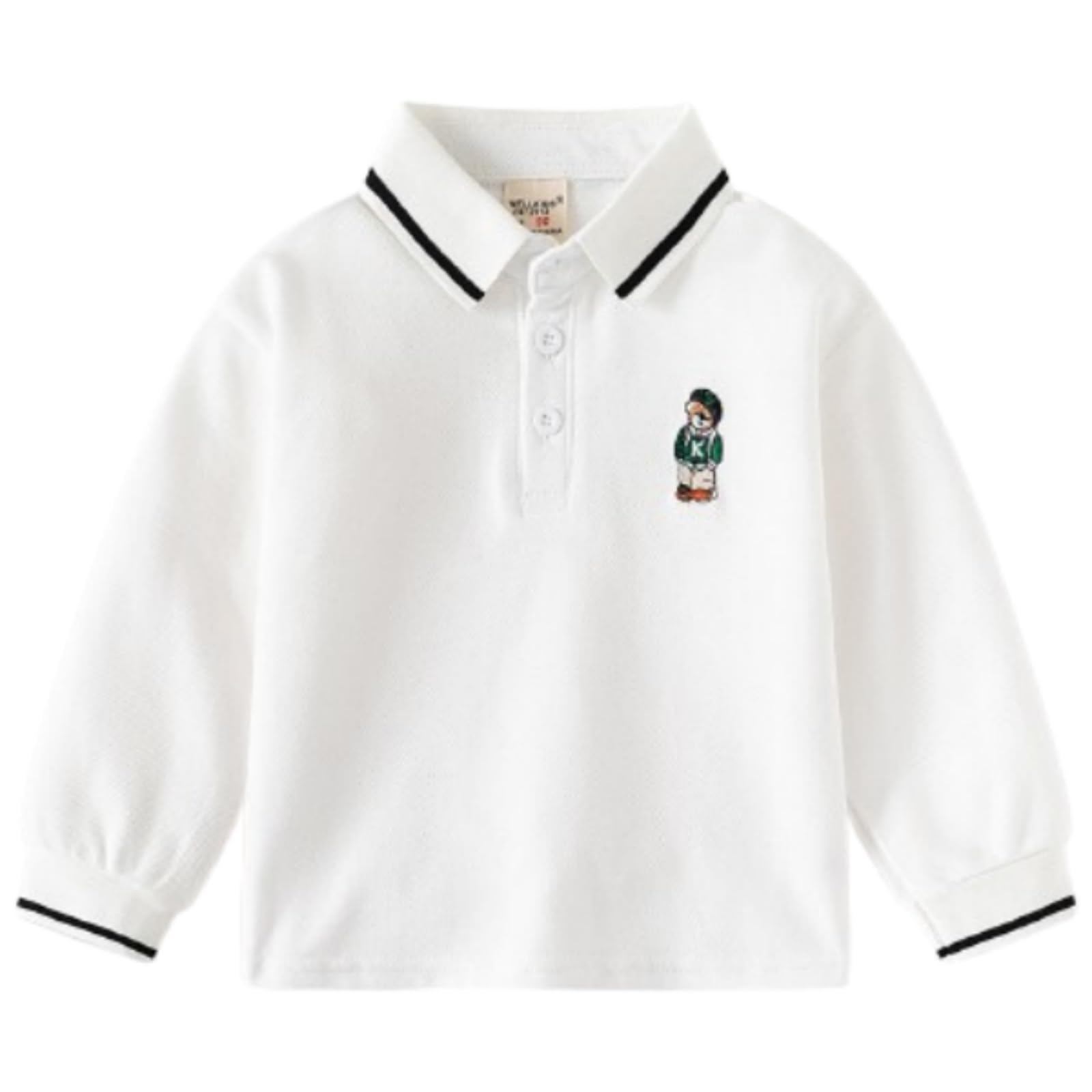 【送料無料】 ポロシャツ キッズ 男の子 長袖 襟付き シャツ 子供 ボーイズ Tシャツ スクール トップス ライン 可愛いクマちゃん 春夏秋 ベビー 通園通学 子供服 フォーマル 色：ホワイト、サイズ：120