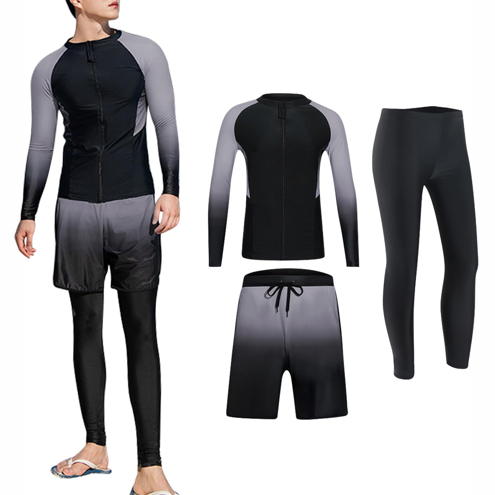 【送料無料】 ラッシュガード メンズ 水着 長袖 前開き フィットネス水着 サーフパンツ レギンス 3点セット UVカット 接触冷感 UPF50+ スイムウェア 水泳 水陸両用 温泉 吸汗速乾 色：ブラック、サイズ：M