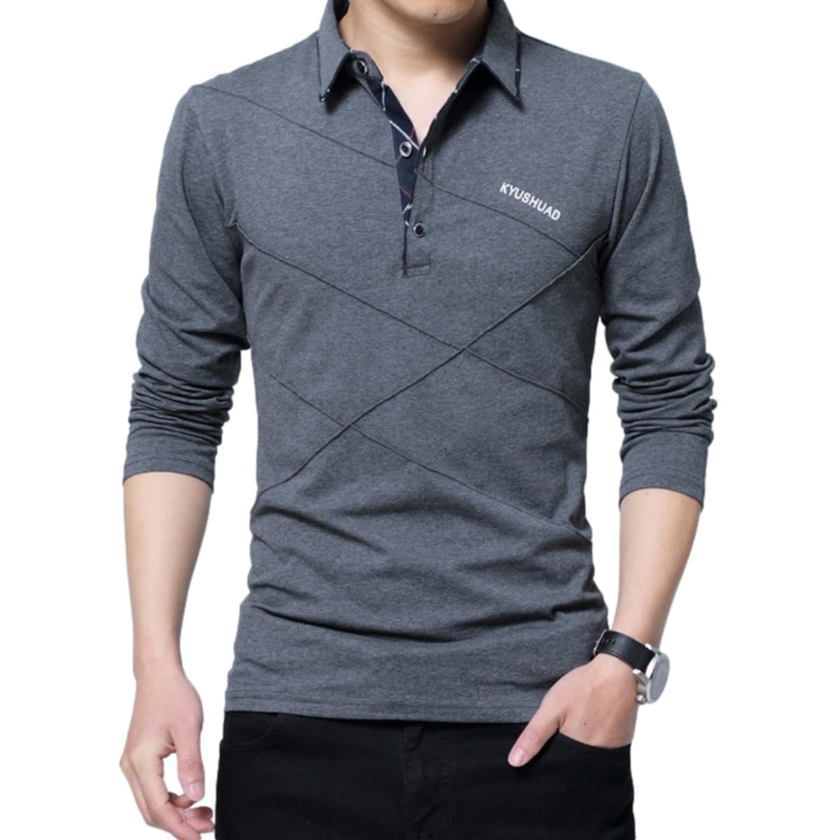 【送料無料】 ポロシャツ メンズ 長袖 襟付き トップス おしゃれ 大人 無地 ビジネス カジュアル ゴルフウェア 大きいサイズ 着心地 快適 色：ダークグレー、サイズ：4XL