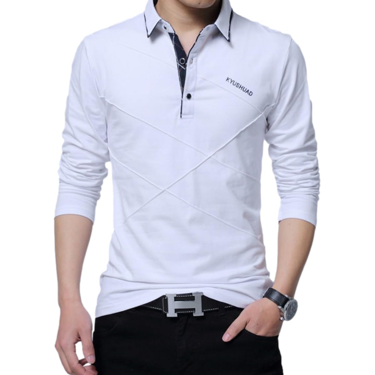 【送料無料】 ポロシャツ メンズ 長袖 襟付き トップス おしゃれ 大人 無地 ビジネス カジュアル ゴルフウェア 大きいサイズ 着心地 快適 色：ホワイト、サイズ：XL