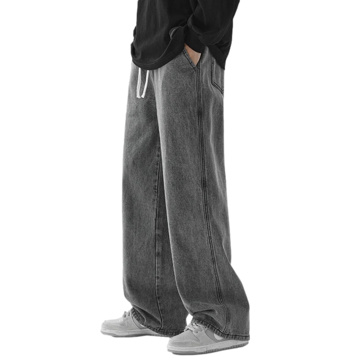 【送料無料】 メンズ デニムパンツ お洒落 ジーンズ 無地 パンツ 調整紐 ロングパンツ ワイドパンツ ウ..