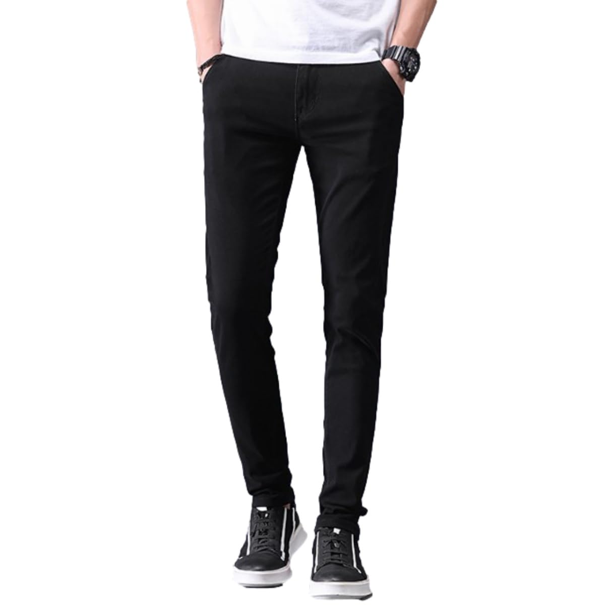 【送料無料】 メンズ ロングパンツ ストレッチ チノパン スリム スキニー ビジネス 通勤 カジュアル 無地 ズボン おしゃれ 快適 リラックス 色：ブラック、サイズ：XL