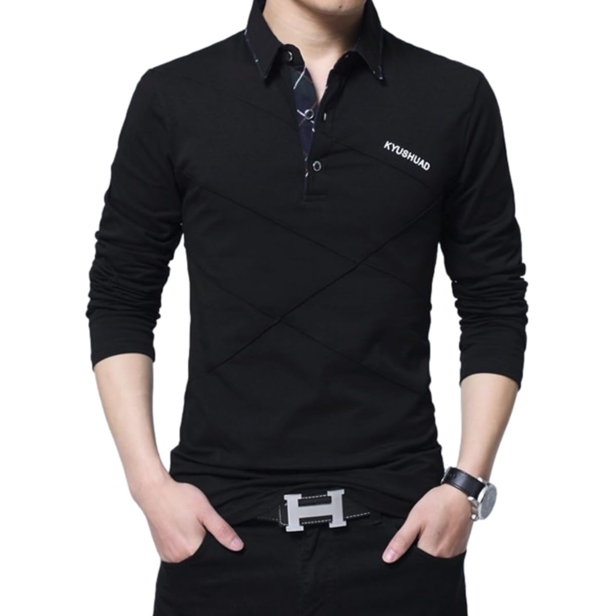 【送料無料】 ポロシャツ メンズ 長袖 襟付き トップス おしゃれ 大人 無地 ビジネス カジュアル ゴルフウェア 大きいサイズ 着心地 快適 色：ブラック、サイズ：4XL