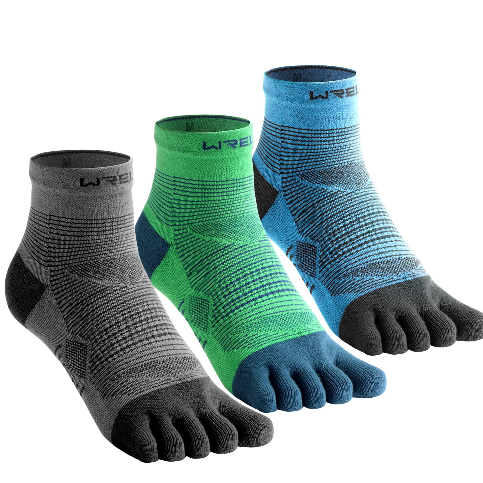 【送料無料】[WRELS] 五本指ソックス 5本指ソックス スポーツ用 メンズ レディース ランニングソックス スポーツソックス Coolmax 22~24cm/24~27cm 靴下 5本指 レギュラー丈 マラソン トレラン ゴルフ 陸上 色：グリーン+ブルー+グレー、サイズ：24.0-27.0 cm