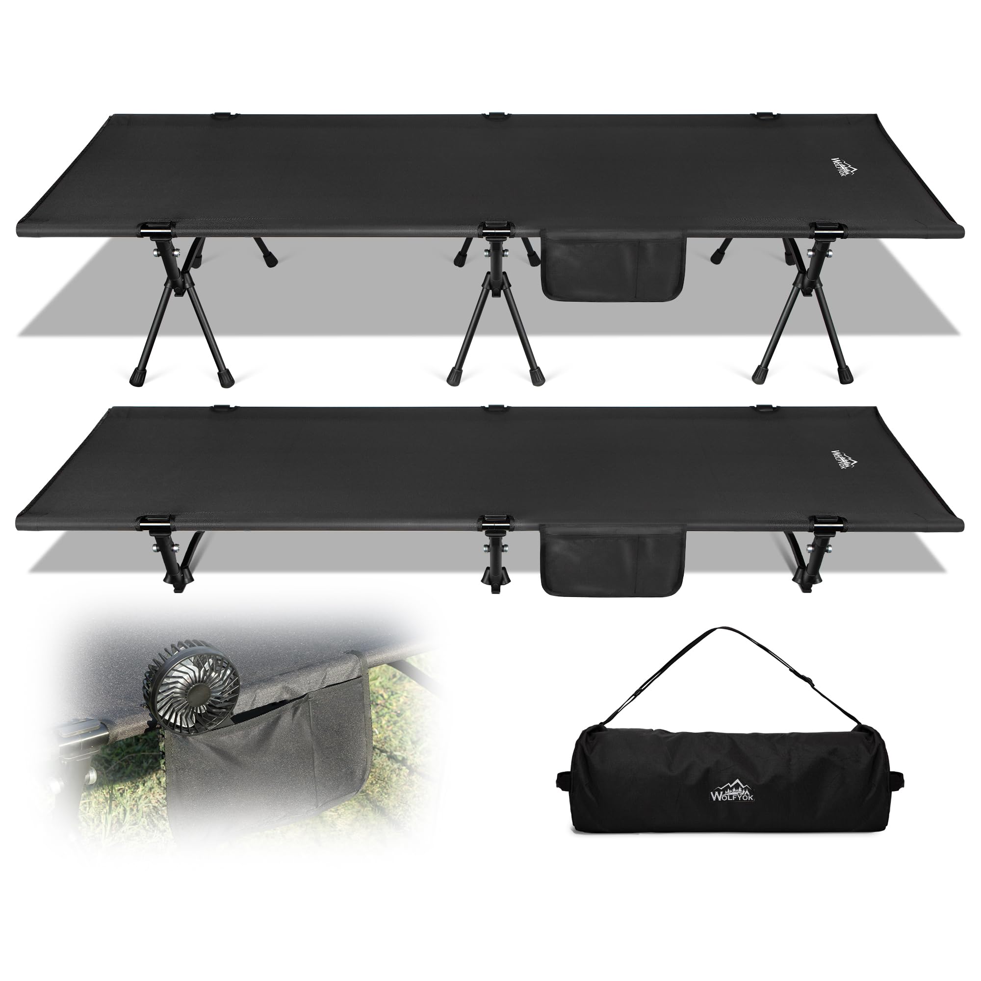 楽天COCO 生活便利グッズ【送料無料】コット キャンプ 2way 軽量 【高密度1000Dオックスフォード・寝心地も耐久性もあり】 150KG高耐荷重 折りたたみ 小物収納 ハイ/ロー切替可能 wolfyok outdoors（ウルフヨックアウトドアーズ） アウトドア 色：ブラック、サイズ：長さ190cm x 幅67cm x 高さ38cm