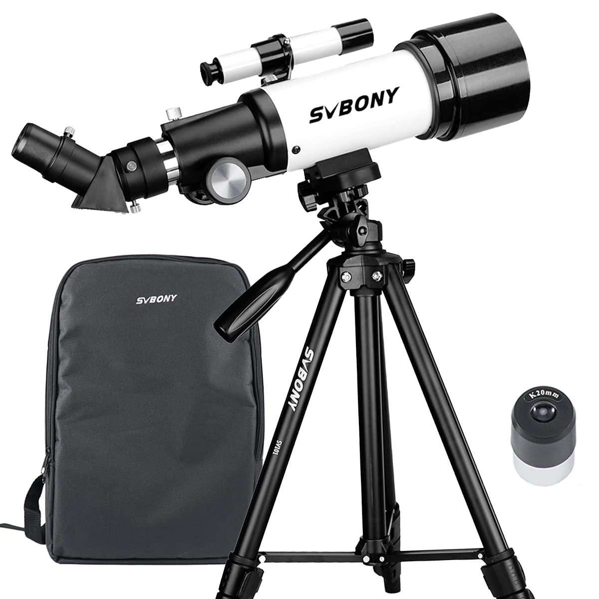 商品情報商品の説明主な仕様 【安定性高い三脚付】ブレブレしない、しっかりとして三脚は天体をちゃんと見るための最初の一歩です。SV101アルミニウム合金三脚は安物より安定性が高くて、そよ風を吹いただけで、望遠鏡がブレになりません。強風が吹いたり、望遠鏡を動かしてブレにしまっても、すぐにブレが収まるようになります。組み立ては簡単。クイックリリースロック付き4段コラム脚。44〜138cmの間で高さ調節が可能。垂直方向と水平方向に調節可能なインターフェイスにより、さまざまな表示位置が可能になります【多種のシーンに活躍】登山、キャンプ、学校教育、アウトドアイベント等の場合に活躍しています。 子供やスターゲイザーが外出中に星空を見ながら、友人や家族と共有することができます。さらに、 SV501Pは地上 天文両用です。 フィールドスコープとしても使えます。【充実な付属品】高倍率の接眼レンズ。1.25インチの望遠鏡接眼レンズ（K20mm）が付属し、35倍を提供します。5x24ファインダースコープと取り付けブラケットが付属し、目標物を簡単に見つけることができます。万が一商品には不具合また損傷がありましたら、お気軽にご連絡ください。必ず最善を尽くし、サービスをご対応いたします。【使いやすい】特別な設置不要、子供、初心者たちにも気軽いに使用できます。簡単な取付式で、家族の手伝いがなくても、子供自身でしっかりと組立されます。望遠鏡本体は分解の状態で収納バッグに入って、コンパクトで、携帯には便利です。【高品質光学製品】子供天体望遠鏡は400mm（f/5.7）の焦点距離、70mmの大口径の屈折式タイプで45°正立天頂プリズムが観察をより便利にします。高透過率、抗反射コーティングは、低いの光の反射率、光の透過率を増加して、より明るく、よりはっきりした画像を提供し、目を保護します。 素晴らしい画像を作成し、目を保護します。初心者レベルのアマチュア天文学者と子供に最適な望遠鏡。