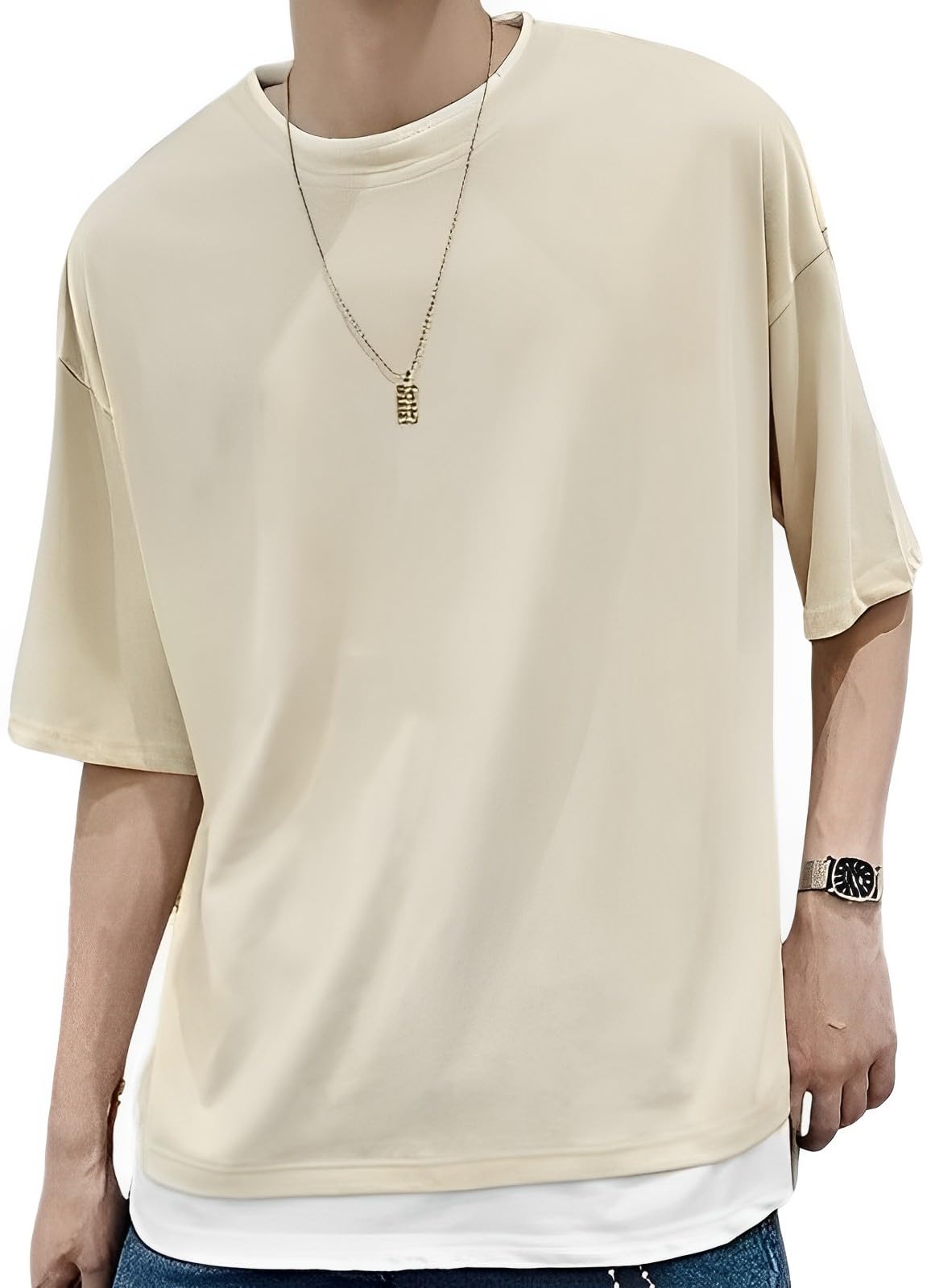 【送料無料】[emptio] Tシャツ 重ね着風 半袖 レイヤード メンズ ゆったり ビッグシルエット 大きめサイズ オーバーサイズ 色：サハラベージュ、サイズ：L