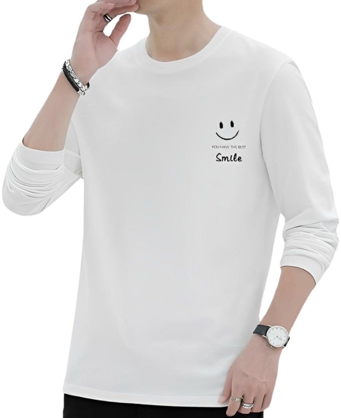 【送料無料】[emptio] [エンプティオ] 長袖 スマイル ロングtシャツ ストリート メンズ トップス 丸首 柔らかい肌触り tシャツ 色：マットホワイト、サイズ：M