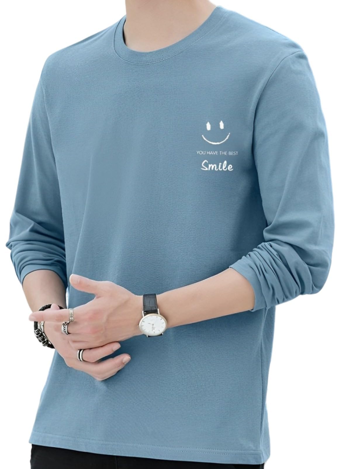 【送料無料】[emptio] [エンプティオ] 長袖 スマイル ロングtシャツ ストリート メンズ トップス 丸首 柔らかい肌触り tシャツ 色：ミスティブルー、サイズ：L