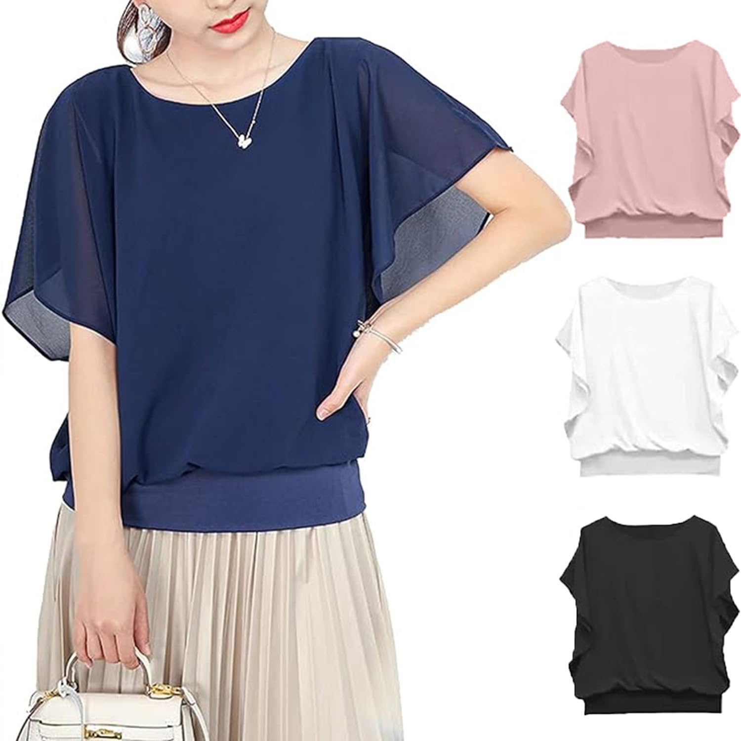 【送料無料】[ANCHRI] シフォントップス シャツ 2024 新生地 シワにくい レディース ブラウス 半袖 ふ..