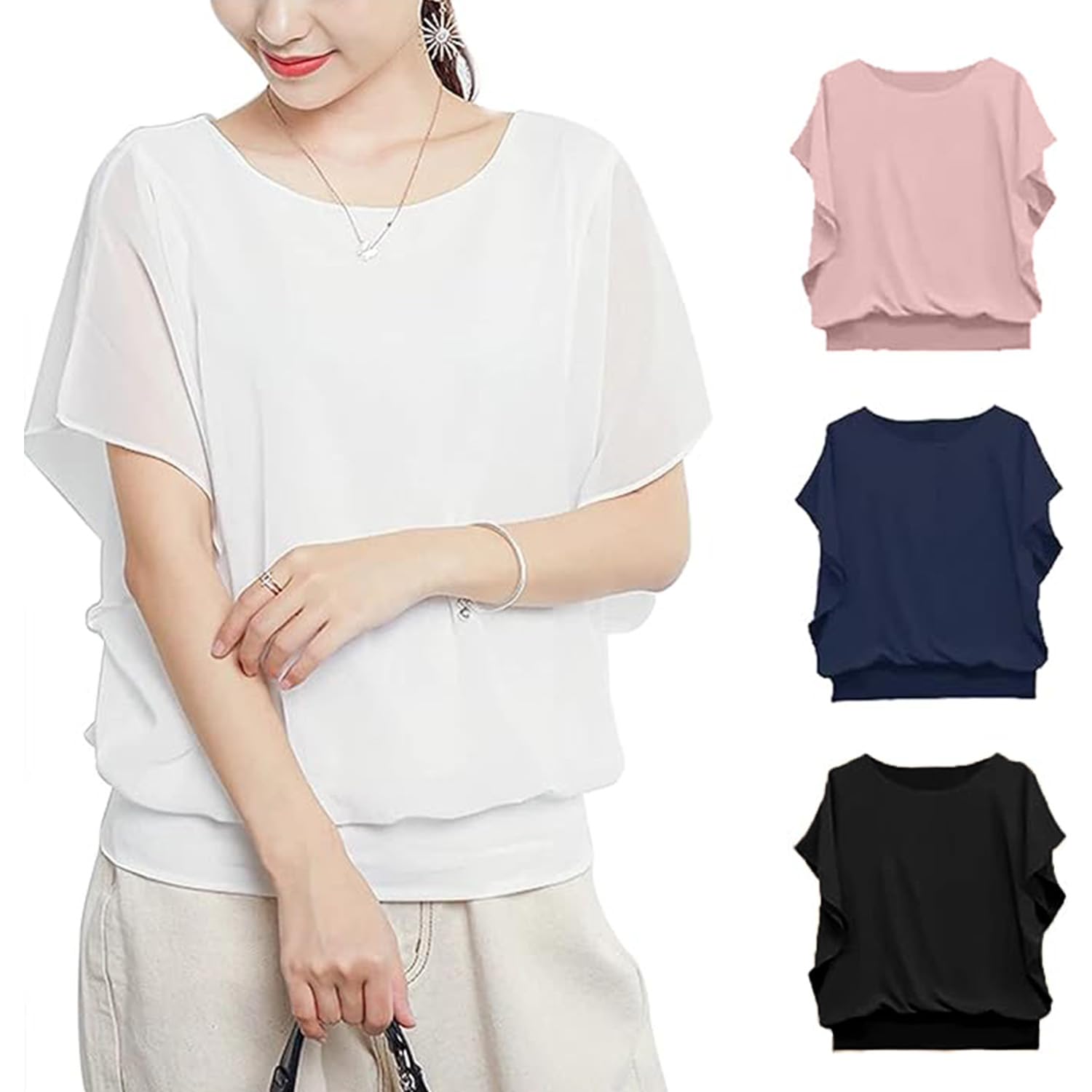 【送料無料】[ANCHRI] シフォントップス シャツ 2024 新生地 シワにくい レディース ブラウス 半袖 ふんわり Uネック スリーブTシャツ オフィス カットソー 裏地付 着痩せ ボリュームスリーブ 女性らしい 通勤 デートお出かけ 可愛い 春 夏 色：ホワイト、サイズ：LL