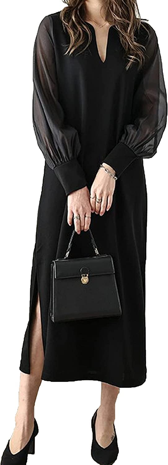 【送料無料】[ADKASS] ワンピース レディース Vネック ロング シフォン パフ袖 シフォンスリープ 切り替え シアー袖 サイドスリット 韓国ファッション エレガント ゆったり 体型カバー 春 夏 秋 お出かけ 色：ブラック、サイズ：XL