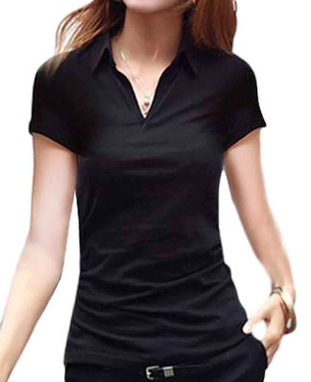 【送料無料】[Cenote Rico] 【細見えコーデ】 ポロシャツ レディース 半袖 ストレッチ 襟付き シャツ オフィス カジュアル おしゃれ シンプル 春 夏 無地 綿 色：ブラック、サイズ：L