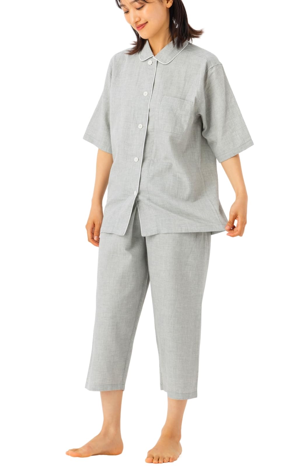 【送料無料】[Cenote Rico] 【綿100%で涼しい】 パジャマ レディース 綿100 半袖 七分丈 春 夏 前開き 上下セット 寝巻き ［シンプル×上品］ 色：グレー、サイズ：XL