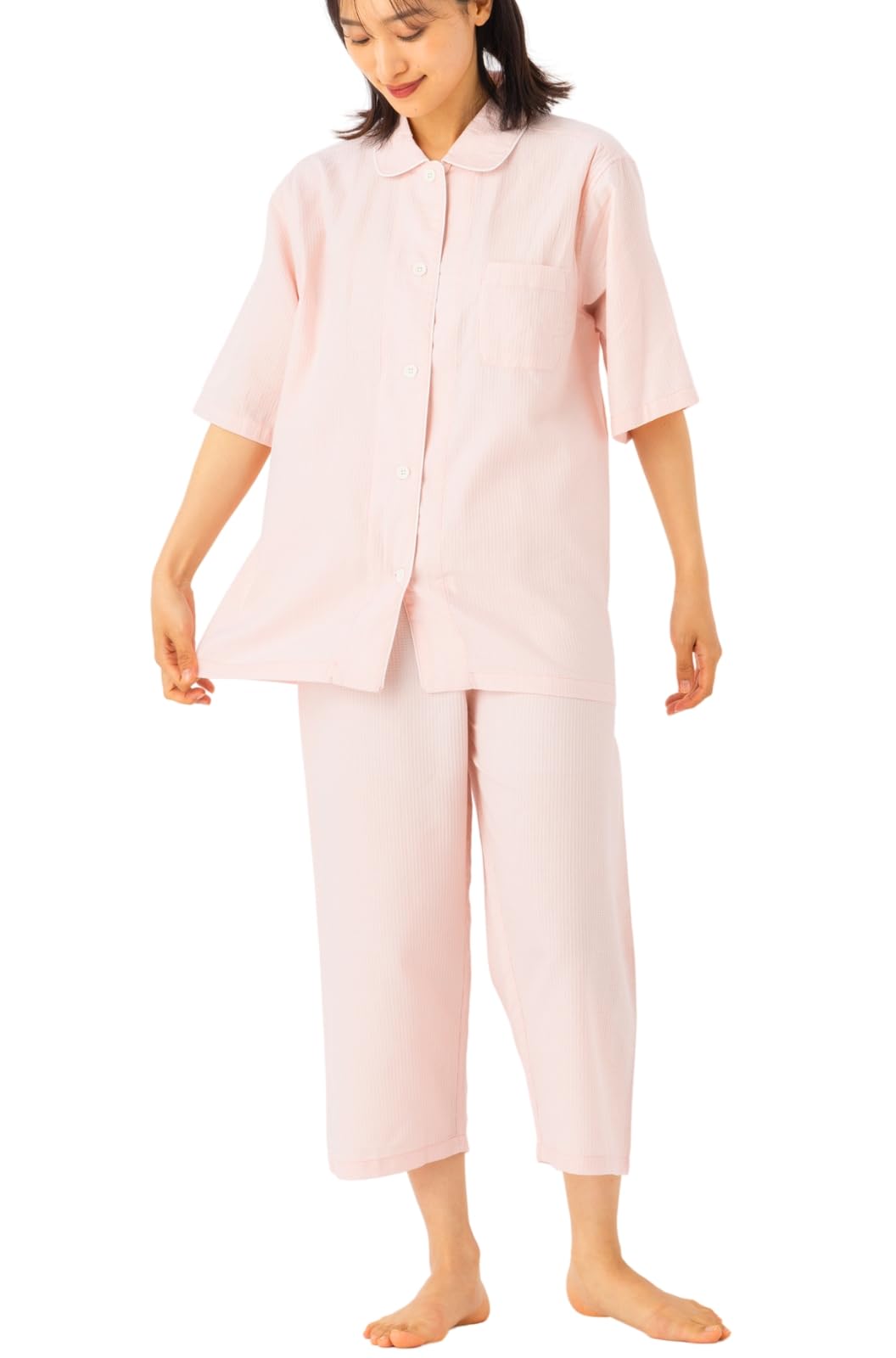 【送料無料】[Cenote Rico] 【綿100%で涼しい】 パジャマ レディース 綿100 半袖 七分丈 春 夏 前開き 上下セット 寝巻き ［シンプル×上品］ 色：ピンク、サイズ：M