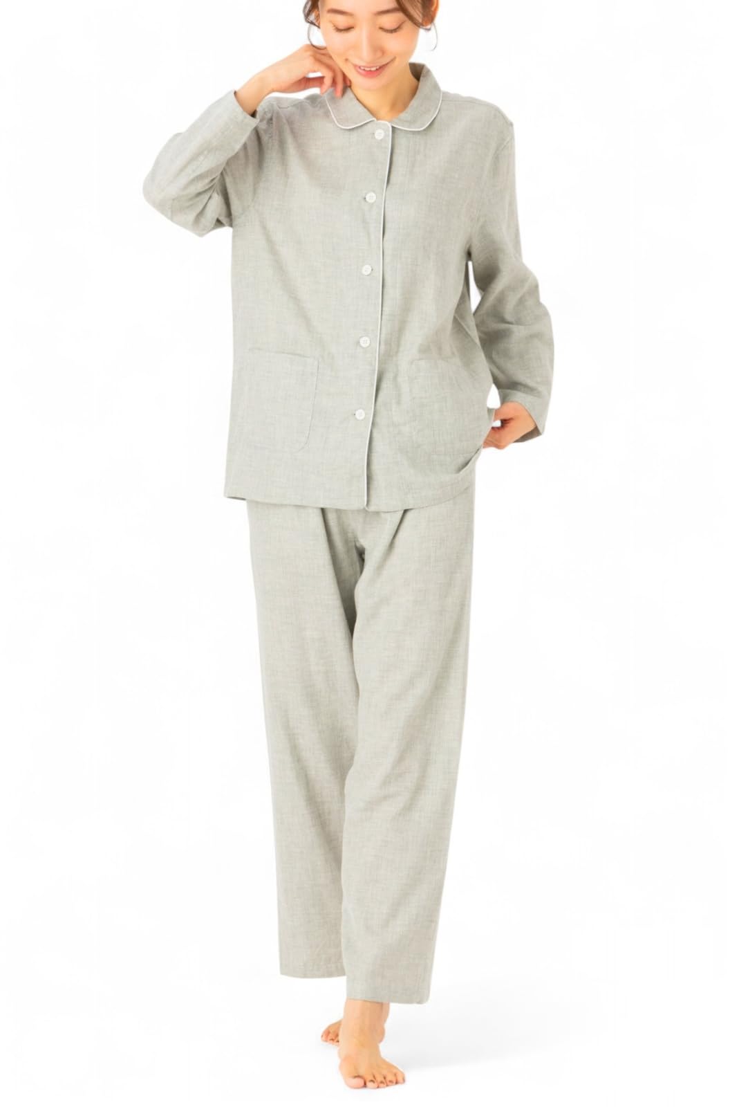 【送料無料】[Cenote Rico] 【二重ガーゼで柔らかな肌触り】パジャマ レディース 長袖 綿100 春 秋 寝巻き ガーゼ 綿 ［シンプル×おしゃれ］ 色：グレー、サイズ：M