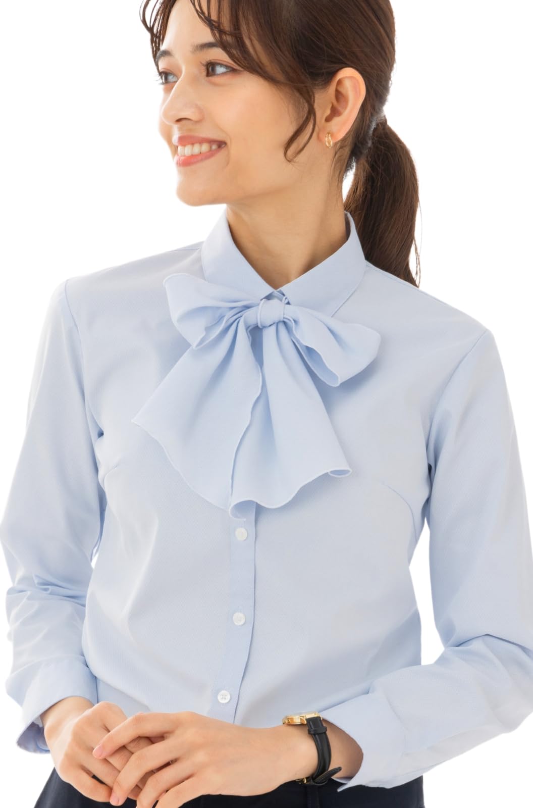 【送料無料】[Cenote Rico] 【2WAYで着回し自在】選べるフリル・リボン ワイシャツ ブラウス 就活 リクルート 事務服 オフィス リボン フリル ［形態安定］［透けにくい］ 色：リボン_ブルー、サイズ：9 号 AR