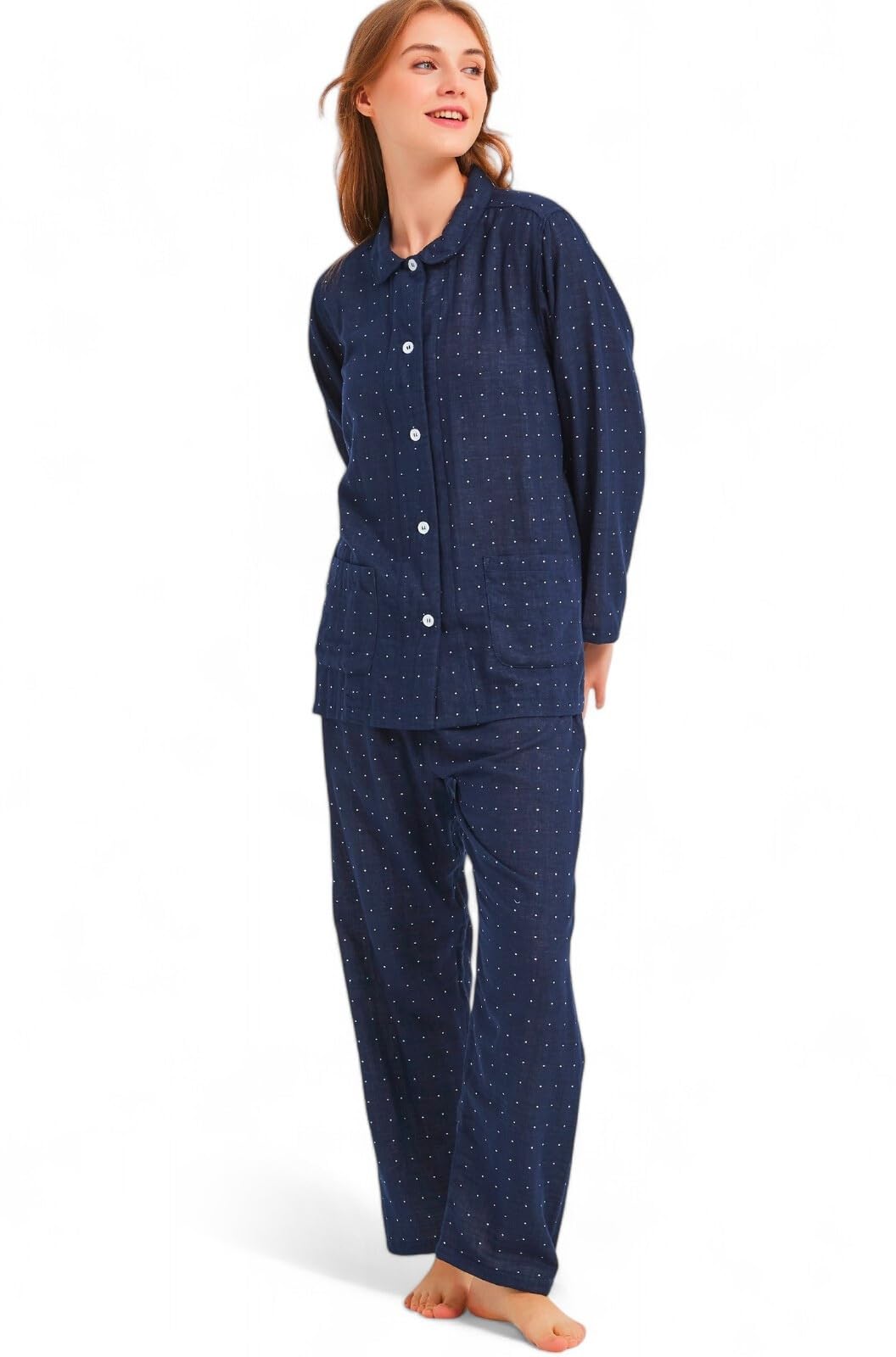 【送料無料】[Cenote Rico] 【二重ガーゼで柔らかな肌触り】 パジャマ レディース 綿100 春 秋 長袖 長ズボン 薄手 前開き 上下セット 寝巻き ガーゼ 綿 ［シンプルxおしゃれ］ 色：ネイビードット、サイズ：S