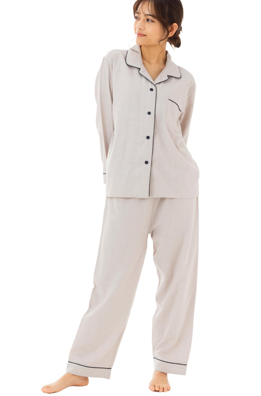 【送料無料】[Cenote Rico] 【襟元2wayが便利】 二重ガーゼ パジャマ レディース 長袖 綿100 春 秋 寝巻き ガーゼ 綿 無地 薄手 ［シンプル×おしゃれ］ 色：グレージュ、サイズ：2XL