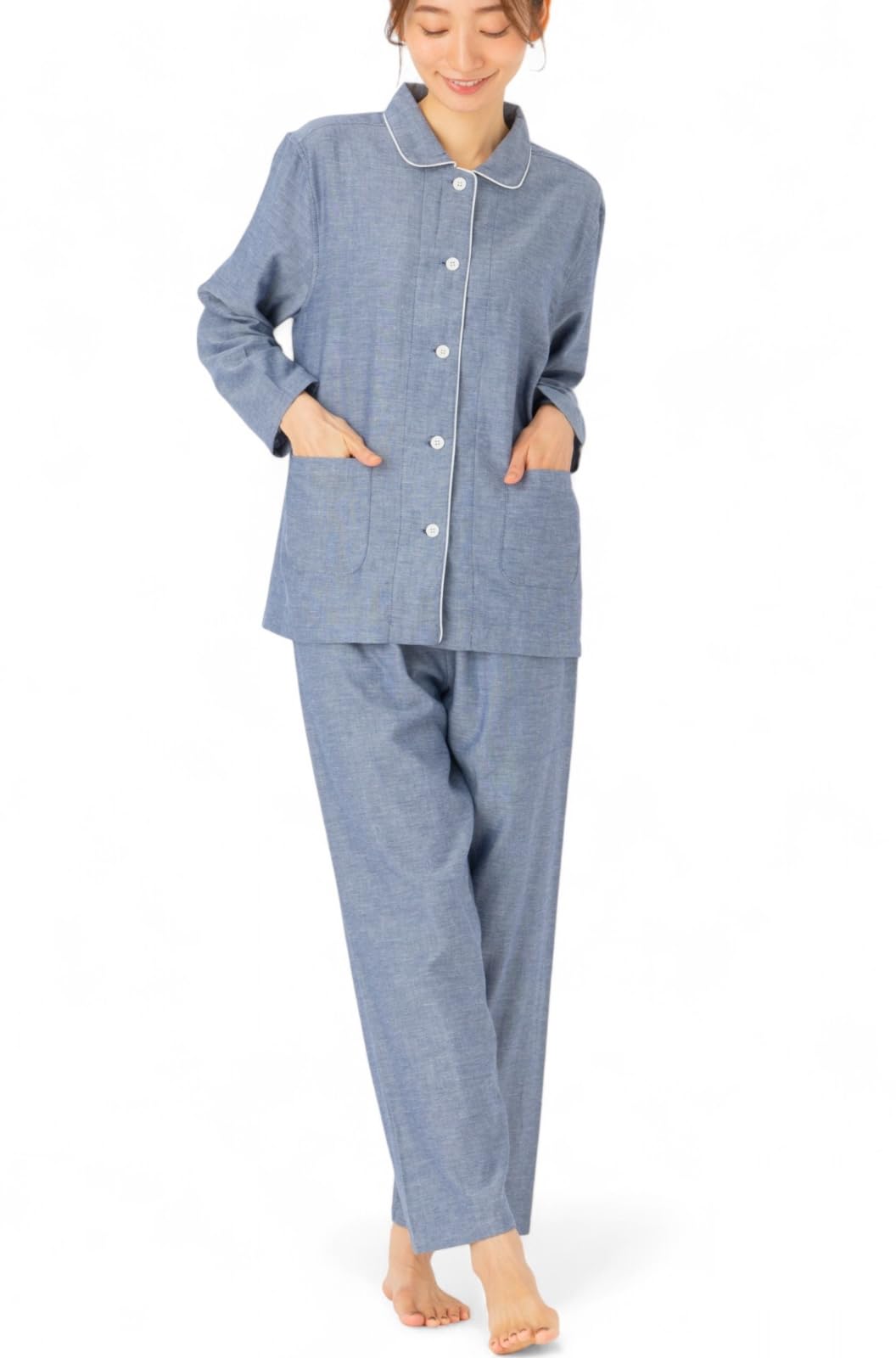 【送料無料】[Cenote Rico] 【二重ガーゼで柔らかな肌触り】パジャマ レディース 長袖 綿100 春 秋 寝巻き ガーゼ 綿 ［シンプル×おしゃれ］ 色：ブルー、サイズ：XL