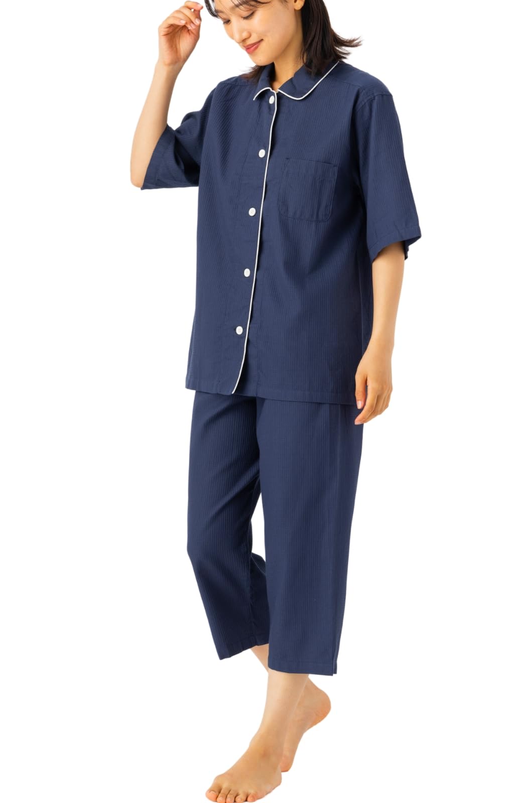 【送料無料】[Cenote Rico] 【綿100%で涼しい】 パジャマ レディース 綿100 半袖 七分丈 春 夏 前開き 上下セット 寝巻き ［シンプル×上品］ 色：ネイビー、サイズ：L