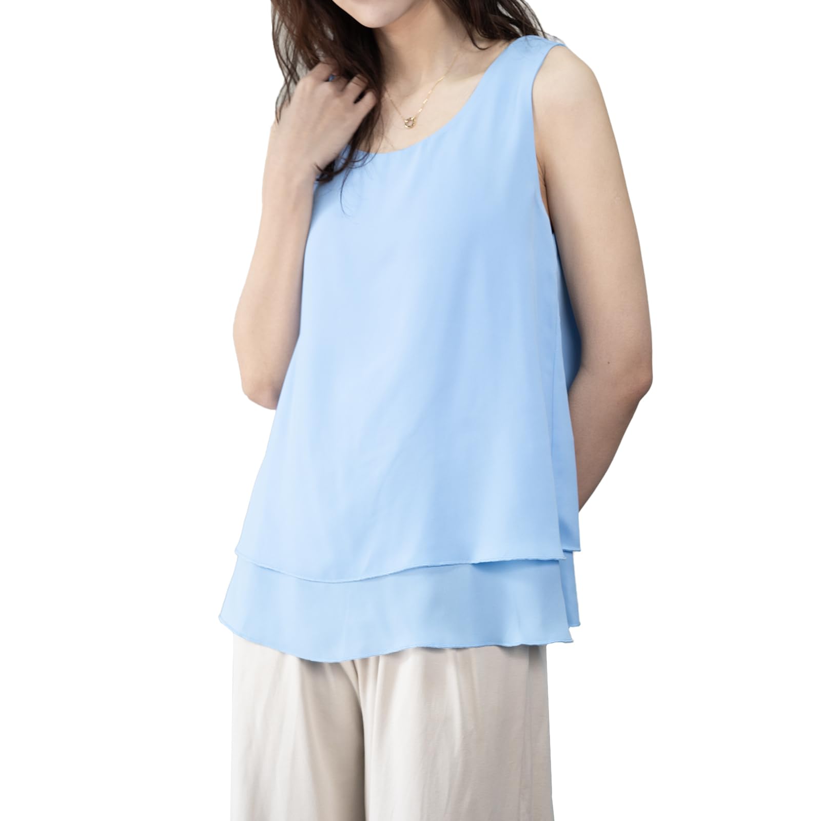 【送料無料】[iito.seasons] ノースリーブシャツ レディース シフォン タンクトップ フリルブラウス ブラウス トップス 重ね着 裾フリルインナー オシャレ 色：ブルー、サイズ：M
