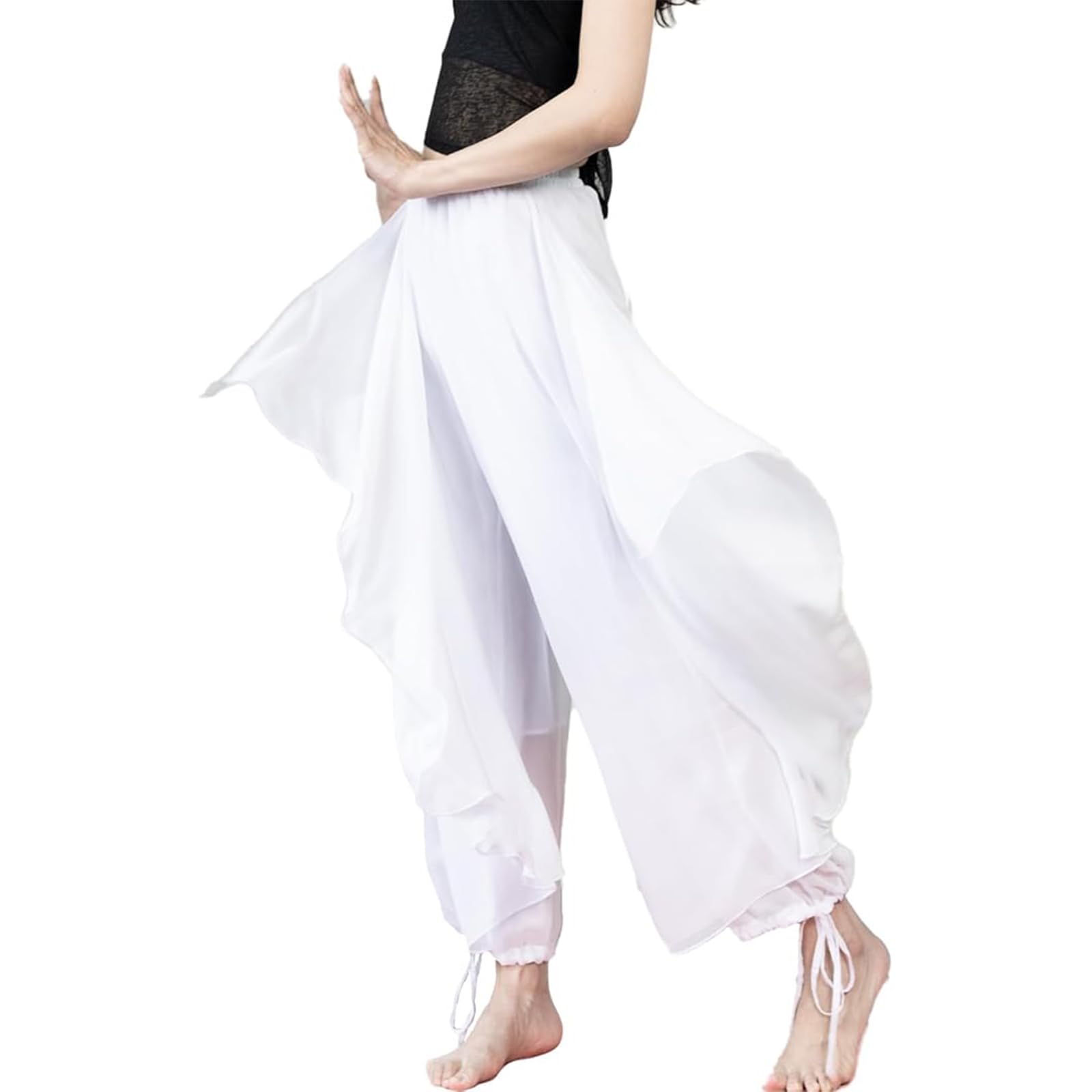 【送料無料】[iito.seasons] ダンス ガウチョパンツ シフォン スカーチョ ヨガパンツ ワイドパンツ レディース キュロット フレアパンツ ヨガ ダンスパンツ ダンス ベリー ジャズダンス ベリーダンス 社交ダンス 美脚 着痩せ 色：ホワイト、サイズ：L