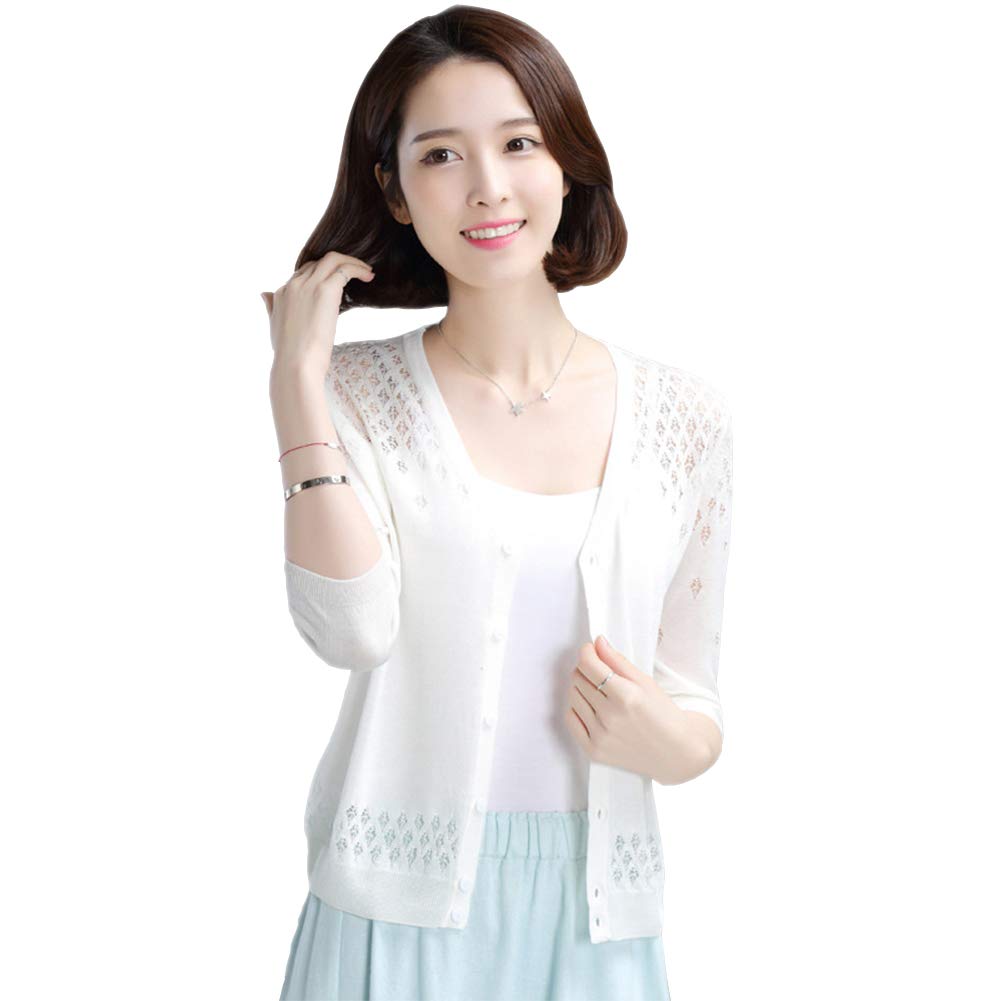 【送料無料】[BlouseHouse] レディース カーディガン ニット 透かし レース編み 長袖 七分袖 前開き ボ..