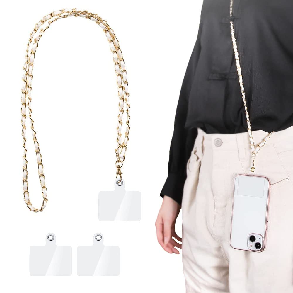 【送料無料】[ALUBES] スマホストラップ ネックストラップ チェーン 携帯ストラップ 首掛け 肩掛けストラップ 金属 レザー 紛失/落下防止 忘れ物防止 タグパッチ2枚入り 色：レザー・ホワイト、サイズ：レザー