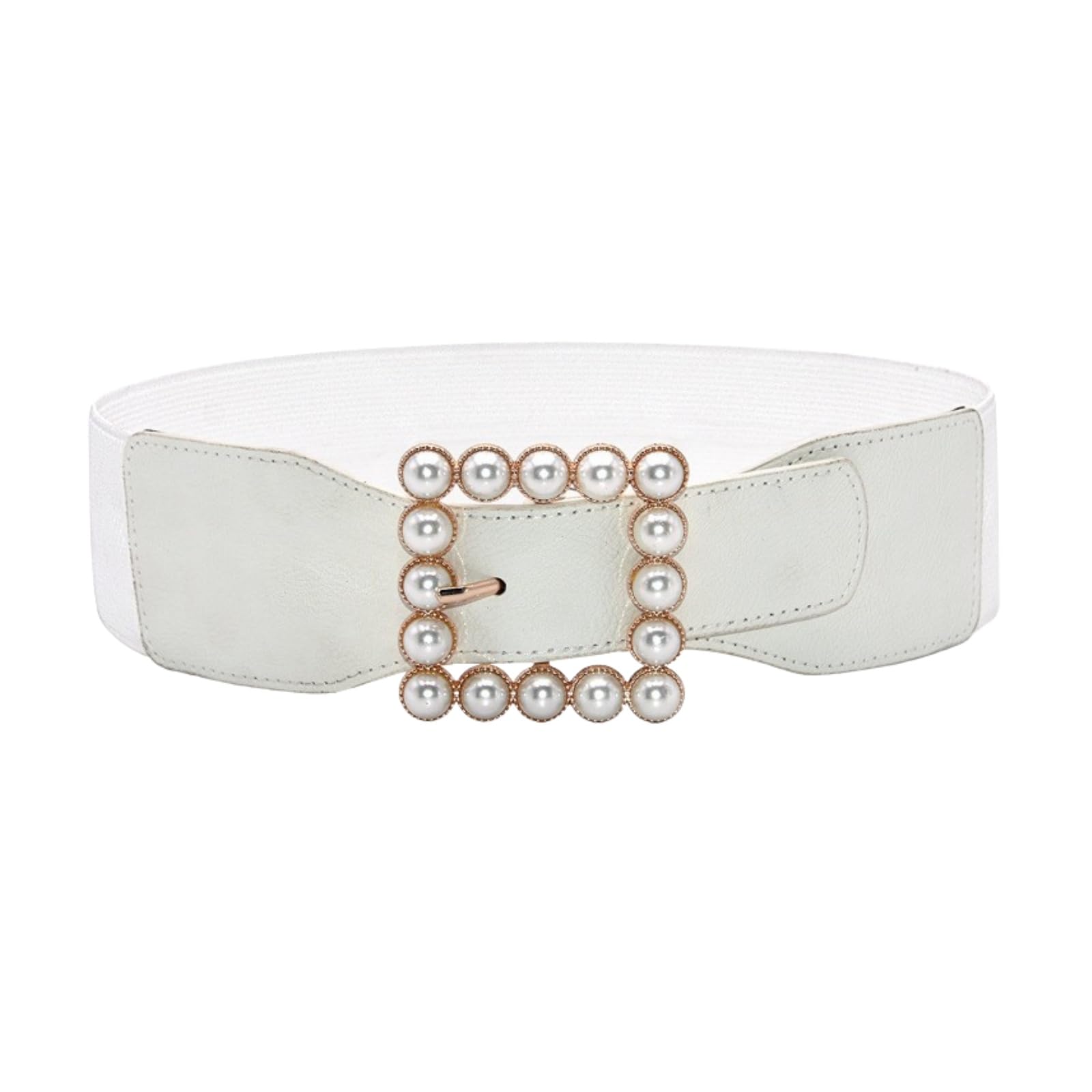 【送料無料】[APOSITV] レディース ベルト ゴム 太め 黒 白 パール ゴムベルト 飾りベルト カジュアル 色：ホワイト、サイズ：Free Size